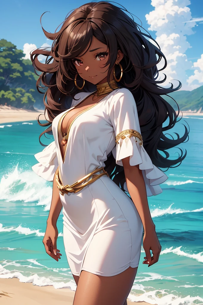 A woman in her thirties, with a tanned skin and castanho, wavy and short brown hair, stands naked by the sea under the golden sun, her muscular body reflecting the anime style in a full-body photograph, the sunset illuminating her figure. The scene exudes a masterpiece-level quality, ultra-detailed and realistic, with every curve and line perfectly defined. Her skin glistens with beads of sweat, glinting in the fading light, and her eyes are delicate and expressive, reflecting the calm serenity of the moment. The background showcases the tranquil ocean, its surface reflecting the vibrant colors of the sunset, adding
