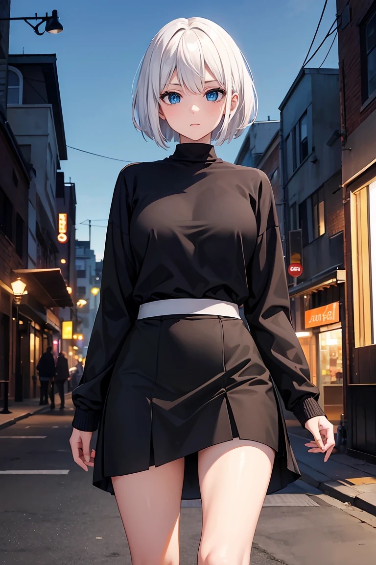 masterpiece, best quality, highres, 1girl, solo, short hair, white hair, hair bun, hair between eyes, colored eyelashes, aqua eyes, <lora:kawaragi_senju_v1:0.7>, turtleneck, sweater dress, virgin killer sweater, street, standing, cowboy shot