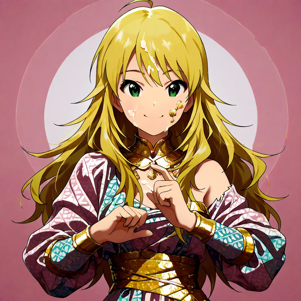 a woman with long blonde hair masterpiece, (pink kimono), , seductive face, good lighting, décolleté, huge breasts, small details, masterpiece, glowing eyes, 1girl, blonde hair, gag, bamboo, Nezuko Kamado, wisteria background, masterpiece, best quality, POV, whole body, wide hips,