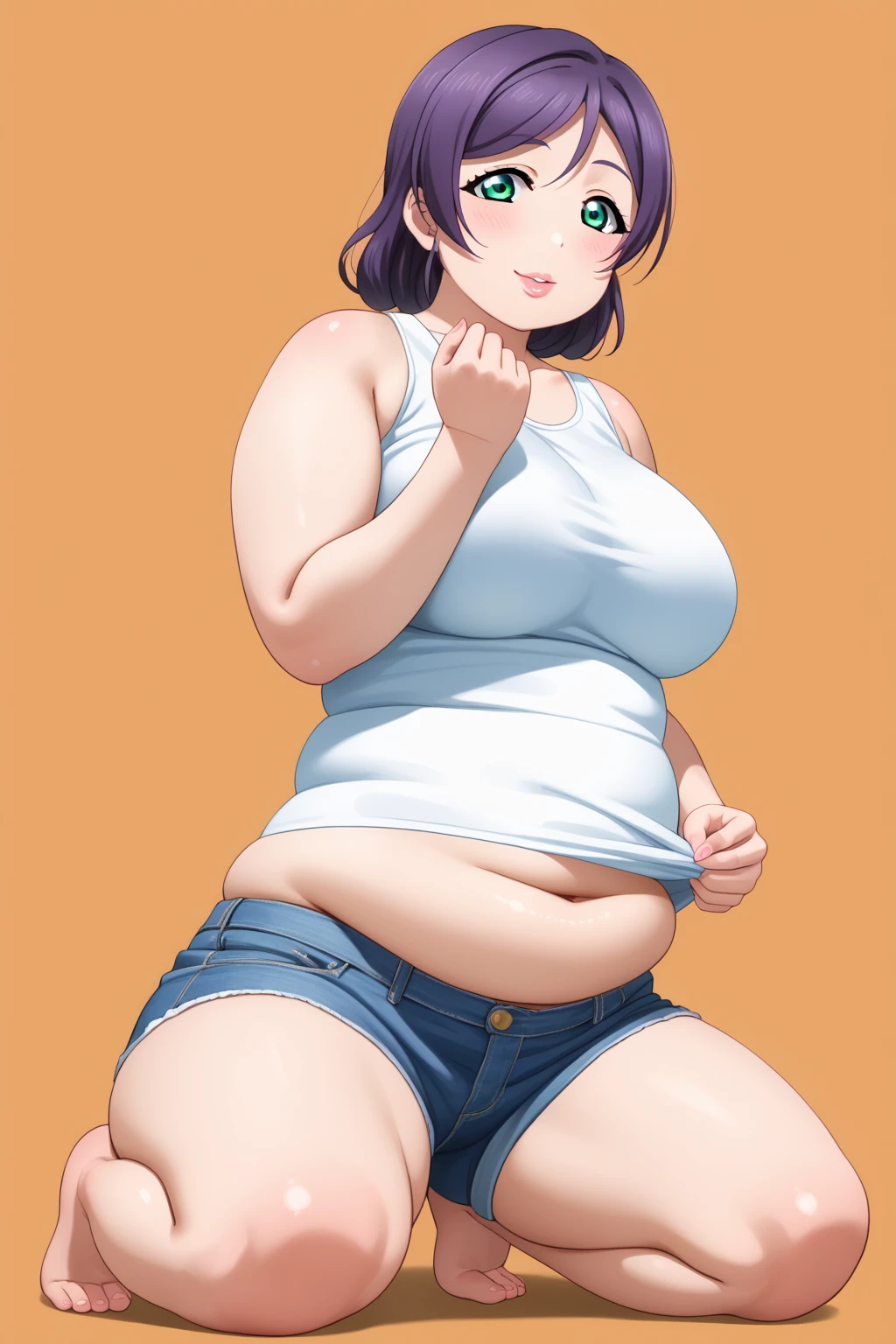 ((highres)), Masterpiece, high quality, best quality, beautiful, perfect lighting, detailed face, ultra cute face, ((1girl)), ((solo), short brown hair, fluffy hair, green eyes, blush, affectionate smile, teasing, arms behind back, looking at viewer, white crop top, jeans, standing in a park, daytime, cloudy, medium breasts, cleavage, wide hips, thick thighs, chubby