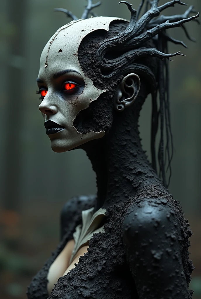 Creepy pagan woman with dripping makeup in desolated land as background, photorealistic, ultra detailed, horror, creepy, masterpiece, trending on Artstation.