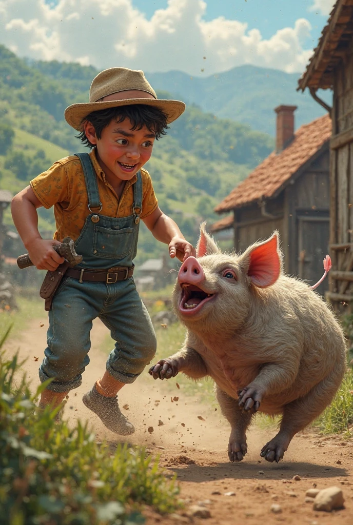 A Boy, 3 years old, smiling, light brown hair, wearing boots, with one hand raised, straw hat, mounted on a pig with four legs, field scenery