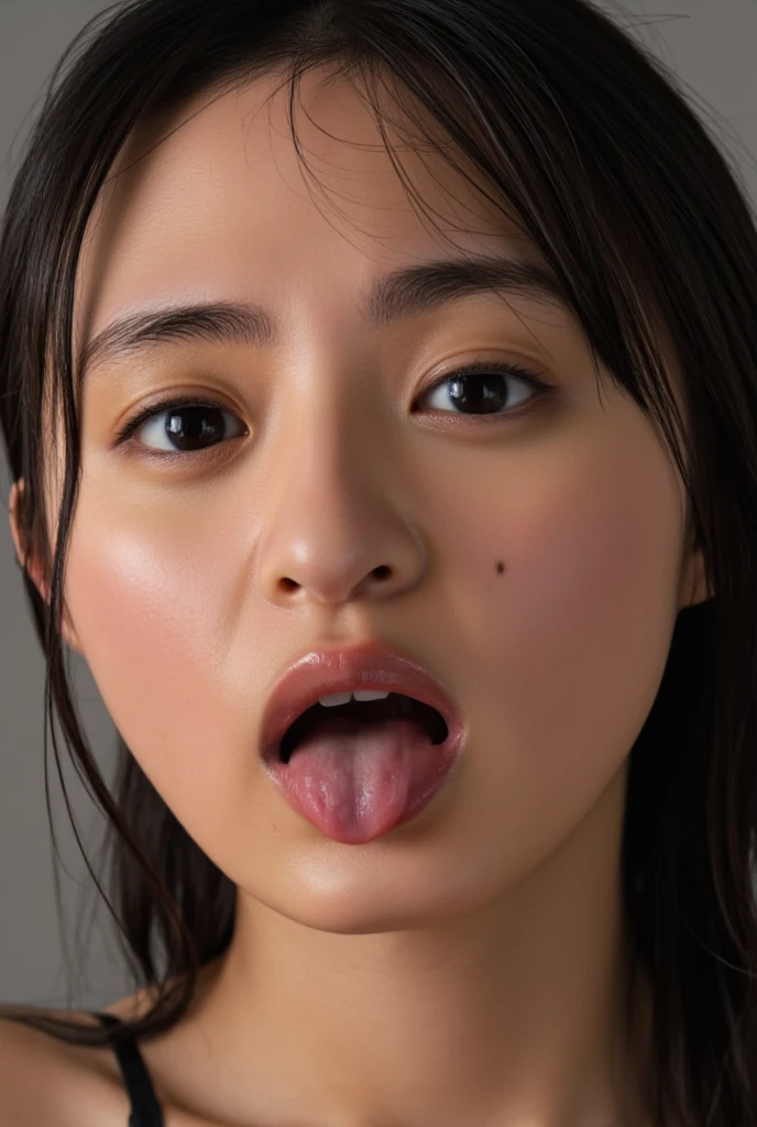 Taylor Hill、High resolution realistic photos,8k,Realistic skin texture,to be born々New People々々々々々々,1 person,Tabletop,,Awards - Winning Photos, Very detailed, close your eyes, Nose and mouth,Face Focus, Extreme close up of face、Woman with open mouth and close your eyes, Black camisole、20-year-old,Black-haired、Symmetrical face,Realistic nostrils、Angle from below、Elongated C-shaped nostrils,((Gray background))、Sweaty skin、Lighting that highlights glowing skin caused by sweat、((Sharp Nose))Skin shiny with sweat、Glowing Skin、Sweaty hair、sunlight、(Brow wrinkles)((Frowning))(cum on tongue)、Deep Kiss、((Thin eyebrows))((Oily skin、Glowing Skin))、double eyelid、Wet and shiny tongue、Tied Hair、updo、Lift your head(((Long Tongue, traces of saliva)))((Super wet skin))