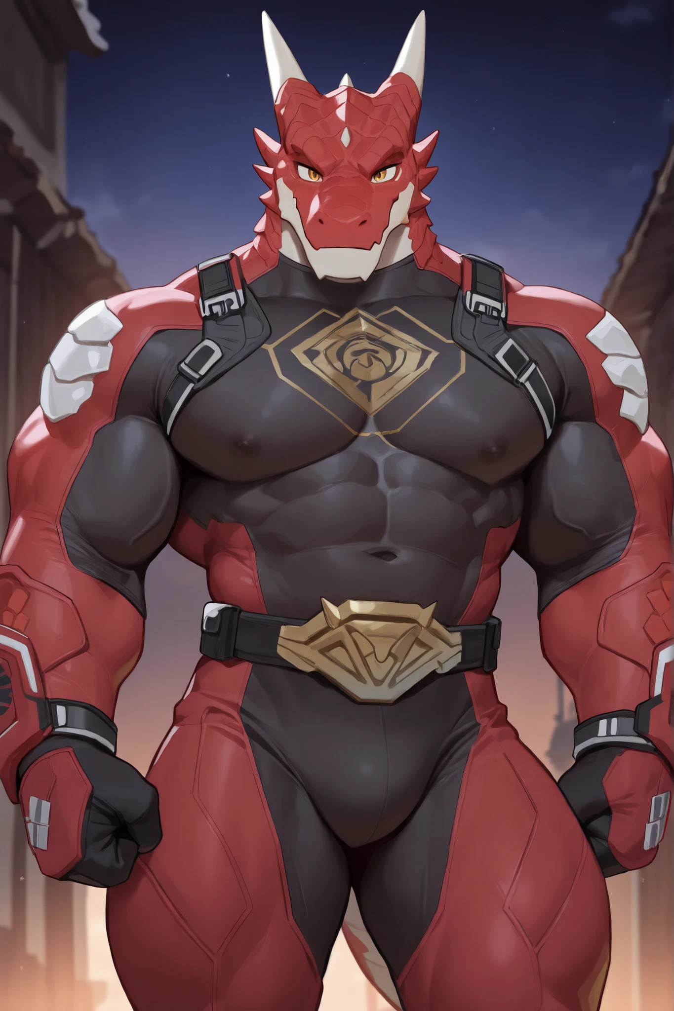 1 boy , alone, human furry ,dragon,( Red scales :1.2),wilderness , strong muscles, strong physique ,Very powerful , Japanese cartoon girl , masterpiece,dragon翼,dragon尾, golden eyes, Dark pattern ,superheroes,Sturdy ,muscular, red combat suit 。
confident posture,
masterpiece, is the best quality,