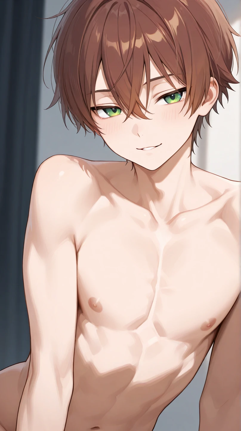 virtual_youtuber, 1boy, Not wearing a shirtมmale_focus, solo, brown_hair, _eyes, white_background, brown_footwear, full_body, straight-on, looking_at_viewer, pants, smile, shirtless,white shirt without buttons,Unbutton ,hair_between_eyes, (VERY DETAILED EYES:1.5)He is a 13 year old kid,shiny skin, beads of sweat running down the body,150cm