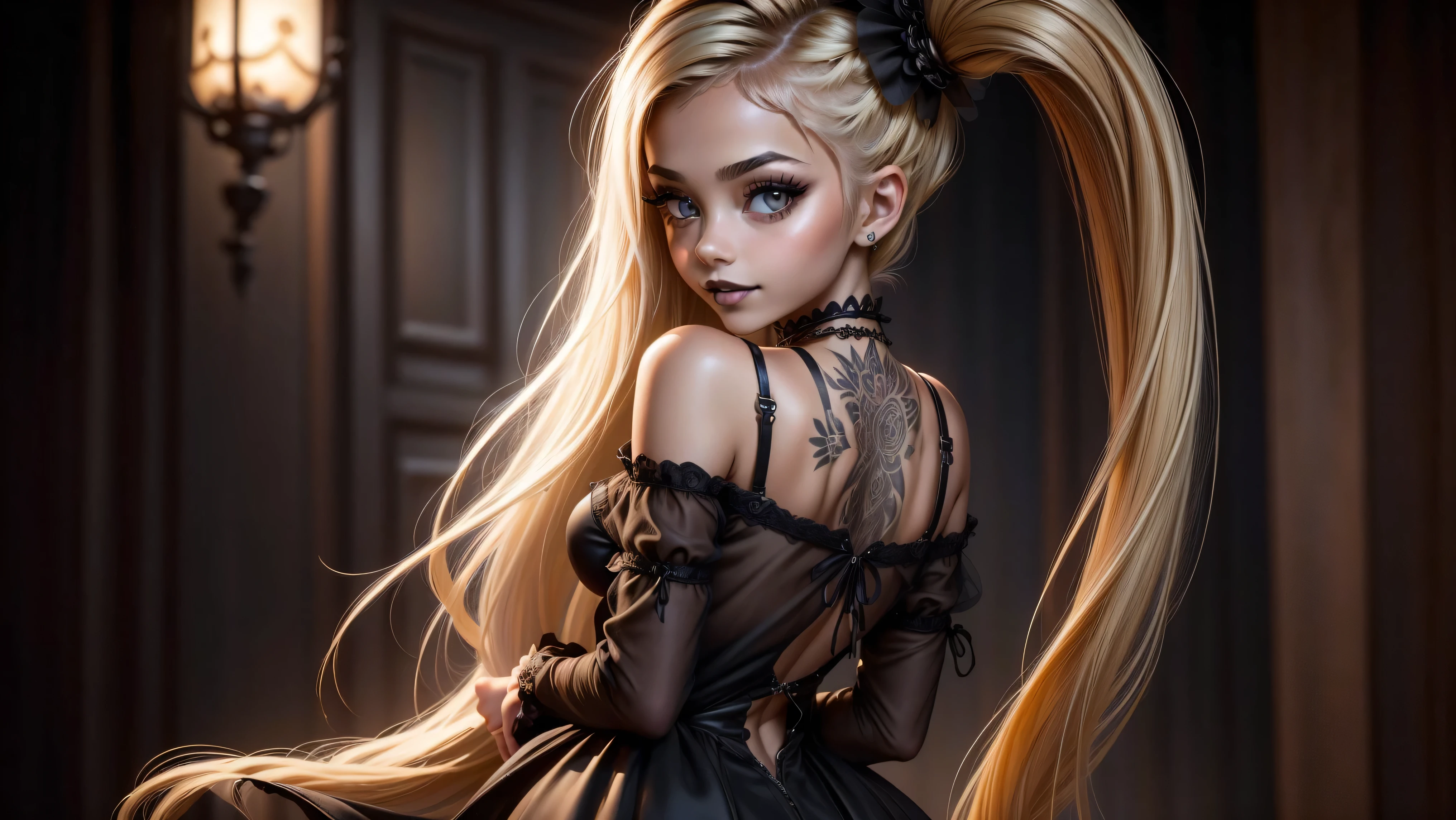 ((1 girl, solo)), ((one goth girl standing with her back toward you)), nude except for an see-through baby-doll lingerie posing for a picture, ((dark makeup, black lips)), sydney sweeney, dark tan, smiling, skinny, petite, 18 years old, long blonde hair and large eyes, ribbons in her hair, female model, 1, portrait sophie mudd, young, (sideboob), (hard nipples), alexa grace, hannah yata charlie immer, long blonde hair and big eyes, dasha taran, full body shot, perfect ass,