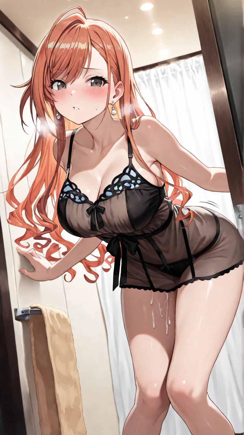 (ultra high resolution:1.2), (masterpiece), (best quality:1.6), realistic, (1 girl), (chae yoon:1.1), (brown hair), long hair, best quality, standing in a sexy pose, (erotic face:1.2), (sexual pleasure:1.1), (pussy leaking), (alone in a modern house:1.2), (night time), (wearing loose transparent nightgown:1.4) medium breasts, (orgasm face), looking at camera, (embarrassed), hands on vagina, knees facing inwards