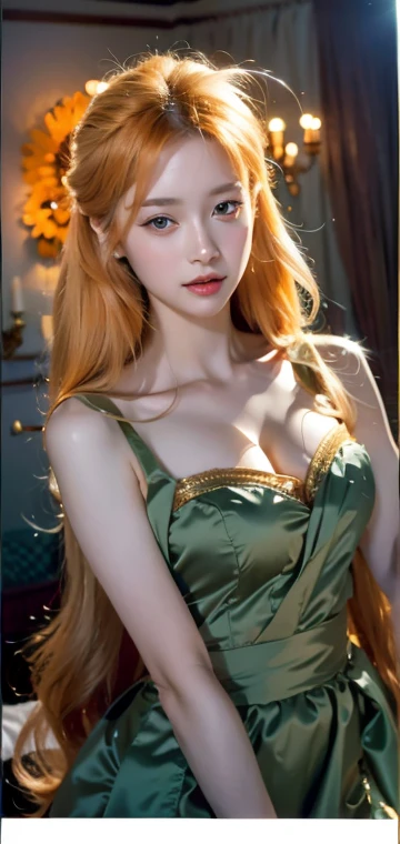 1 elf goddess_young face, golden dress, Unreal Engine, 8K, digital art, art manure, 3d, movie stills, disapproval, subtle lighting, intricate details, realistic, cinematic, dramatic pose, ( Shiny and abundant hair_orange blonde long hair ), ( beautiful detailed eyes, beautiful and delicate lips, very detailed face_pale skin, long eyelashes ), Accurate and detailed depiction of hand and finger shapes, A dreamy, mysterious world, halo, A cluster of twinkling stars,  glowing aura, fancy, epic, masterpiece, detailed details, Vivid high resolution,