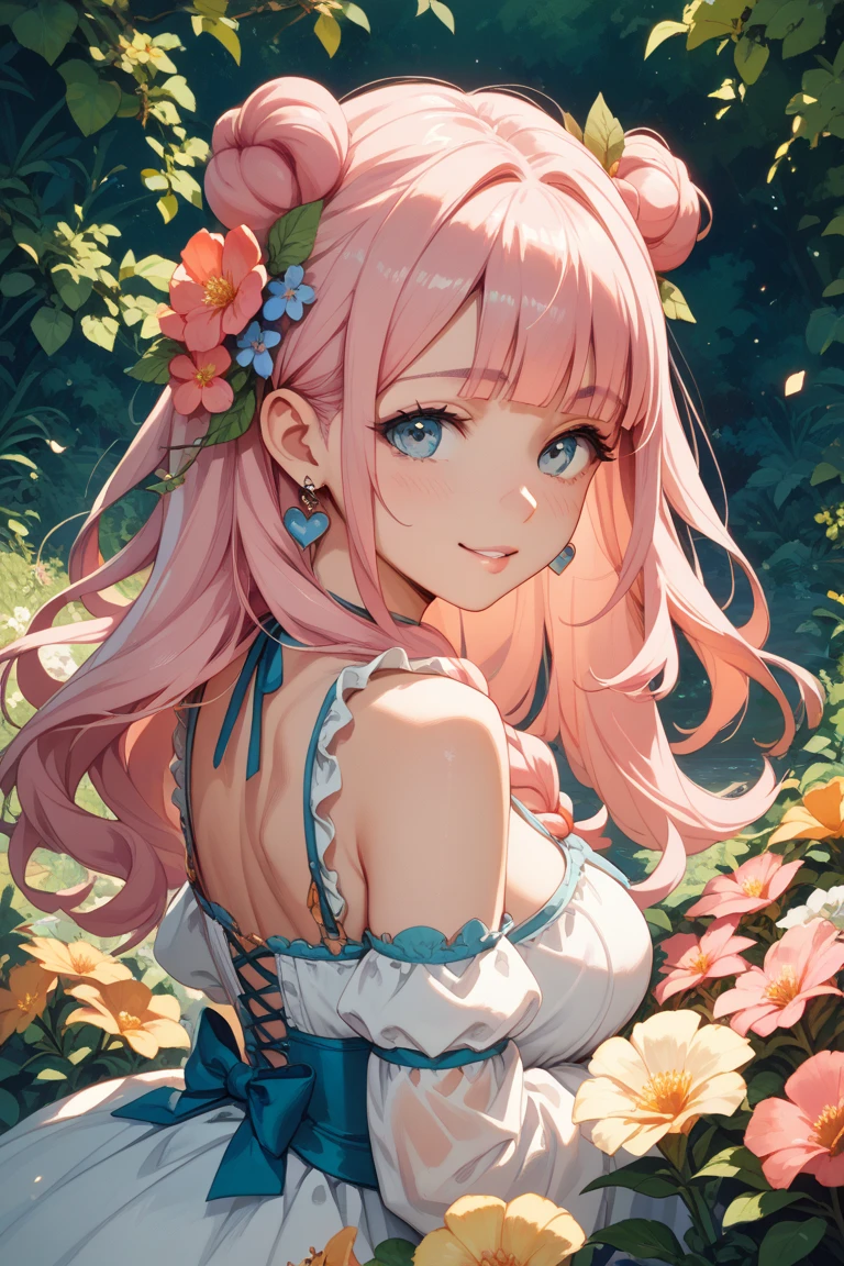 (best quality, 8k, masterpiece:1.2, nsfw ),Cutest,Cute girl,mesugaki,Beautiful face,Beautiful eyes,Beautiful hair, Light pink hair,Lots of colorful flowers,
