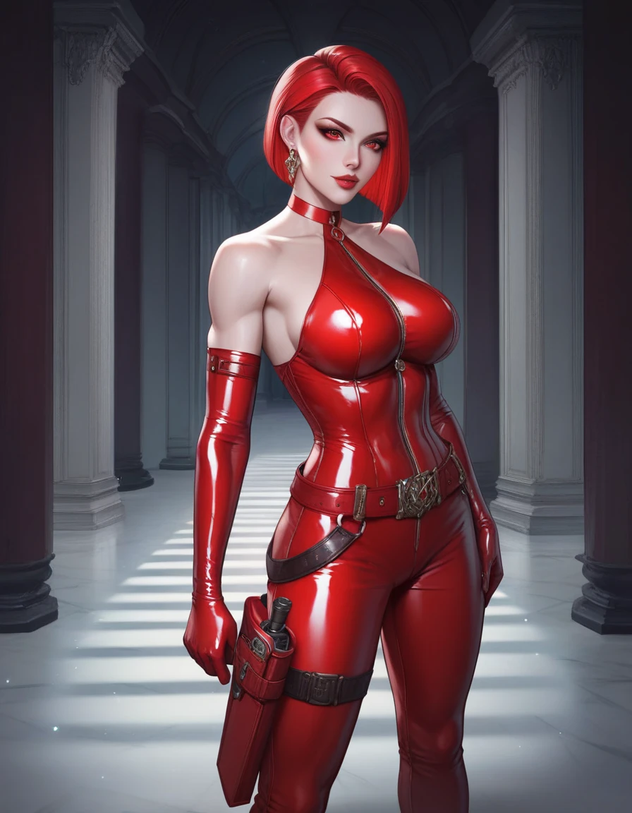beautiful woman, red mesh bodysuit, cleavage, navel, antenna