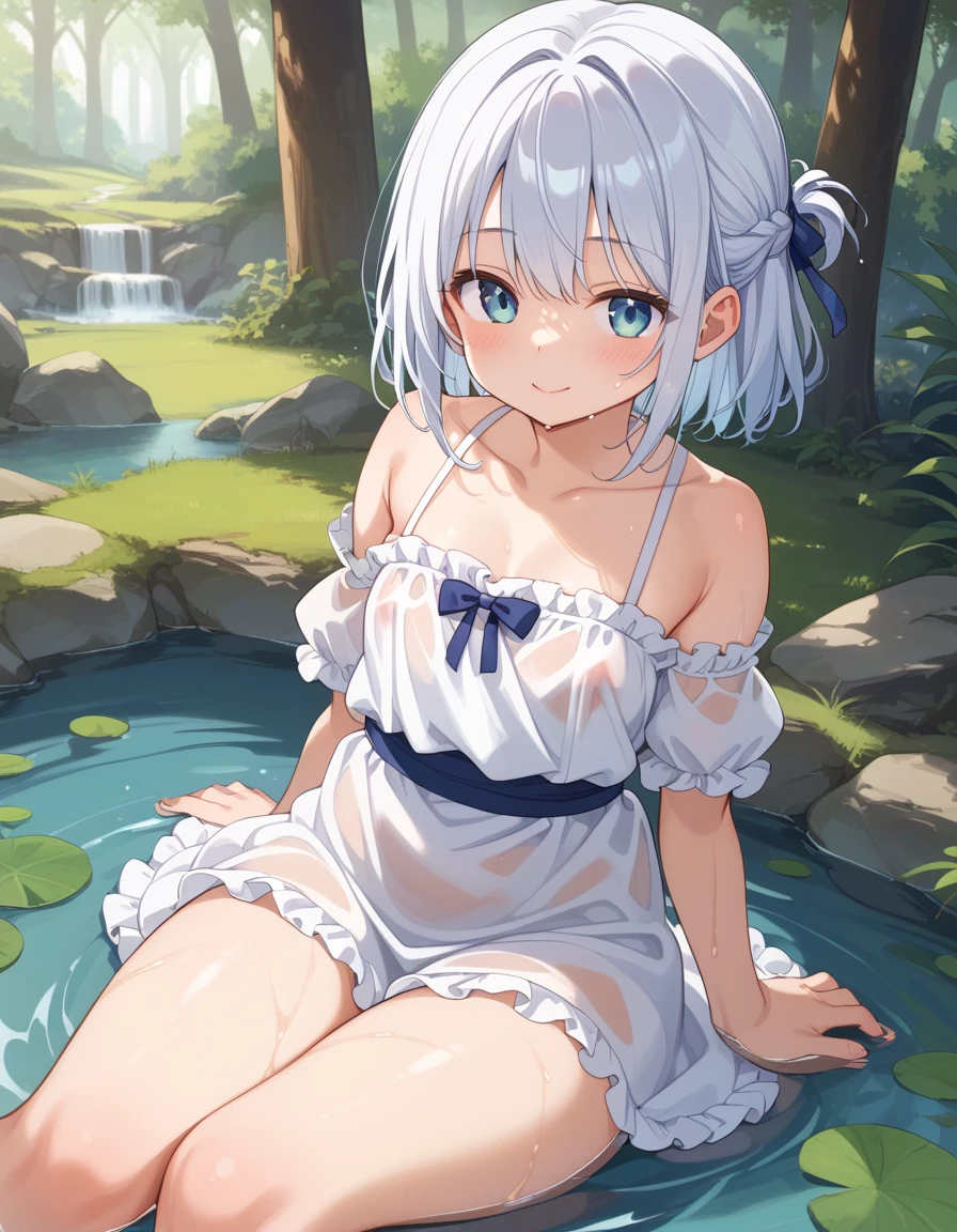 In Claude Monet style, Impressionism, 1girl, upper body focus, (white camisole dress), 14 year old, full body Esbian, short silver hair, pond, wet, ((curtsey)), nipples through, see-through, puffy nipples, bare breasts, {{{{vulgarity}}}}, bare pussy, spread legs, spread oun pussy