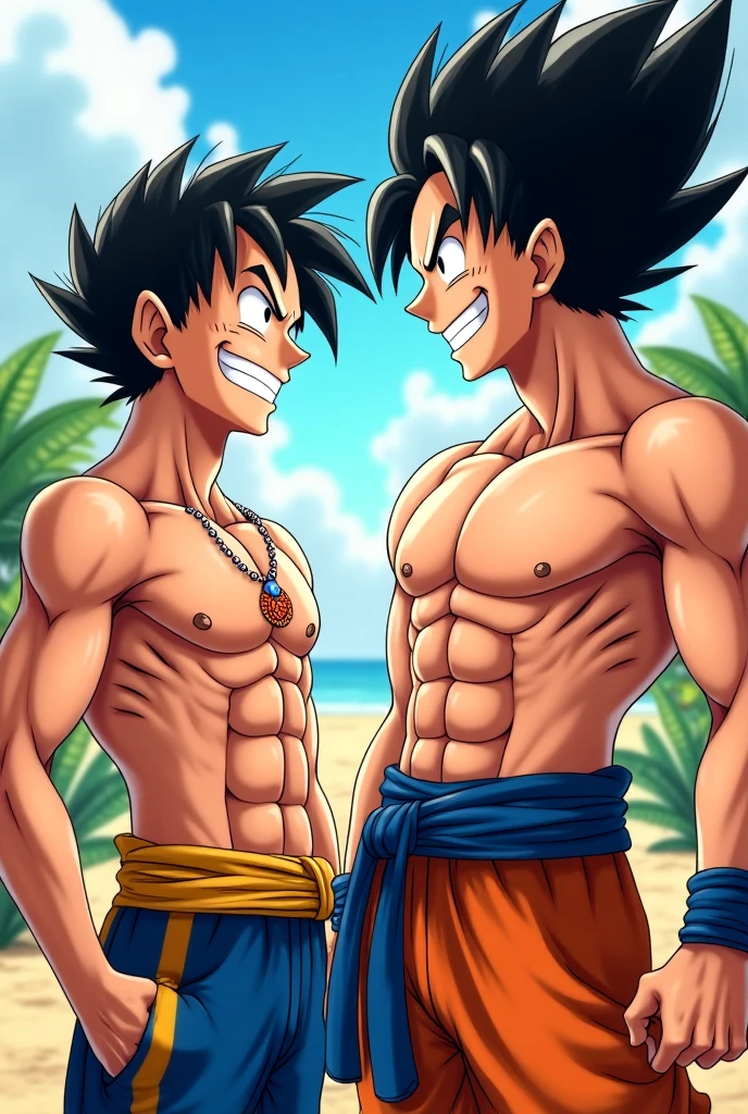 dragon balls, onepiece, In battle、Goku and Luffy share the significance of friendship and hard work and push boundaries