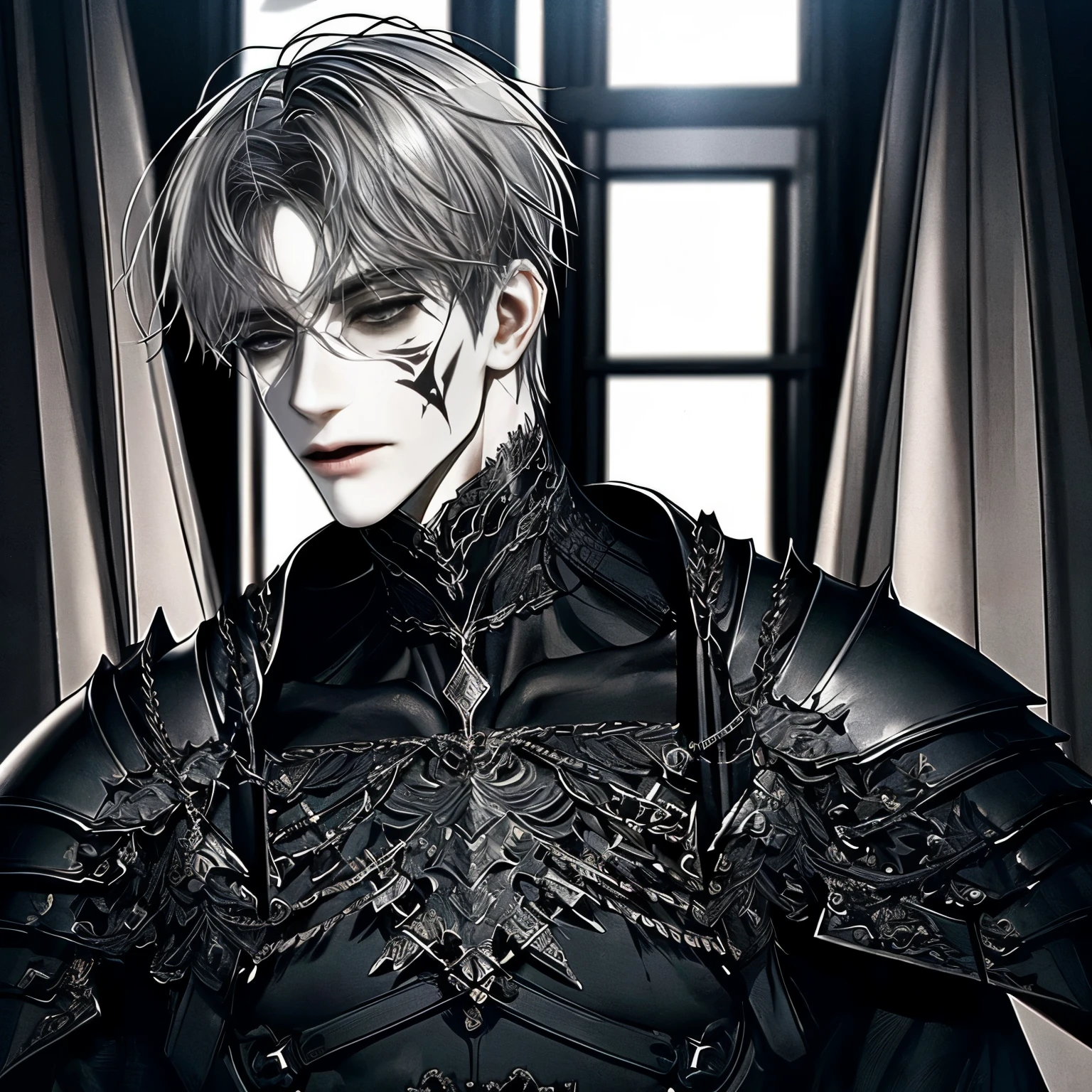 (male),(ash gray hair),(masculine face),(masculine features),(slim face),(medium hair length),(comma haircut),(curtain bangs),(all black armour),(black metal armoury),(pale skin),(black eyes),(black tattoo markings on face),(muscular body),(black blood),(detailed portrait),(cinematic lighting)),(high quality)