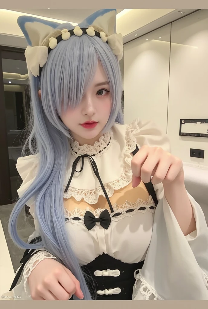1girl, smile, close up, castel, blue hair, pectoral focus,frown,flower trim,undressing,pinstripe pattern.bow-shaped hair,dutch angle,hands between legs,