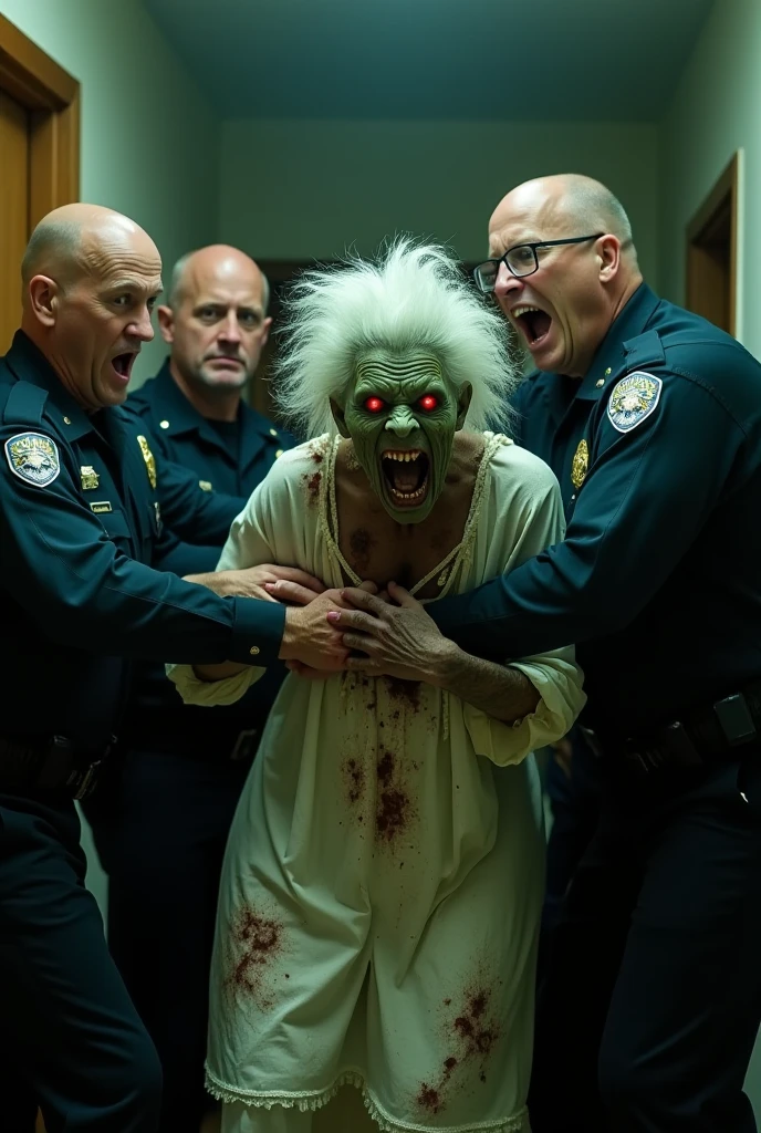 Ultra-realistic, alien and human encounter, grandma fights to the death, pops out with heavy bleeding, red internal organs and brain splatter, high quality, 8K, 32K, F1.8