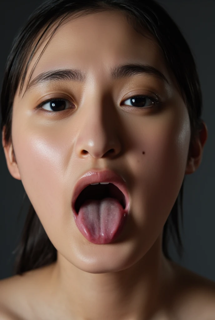 ,1 girl、Taylor Hill、1 girl、超High resolution, retina, Accurate, masterpiece, Anatomically correct, Super Detail, Textured skin, Attention to detail, high quality, High resolution, 8k、、Big double eyes、nose、The focus is on the mouth、close-up focus on face、Woman with open mouth and closed eyes、18-year-old、Black Hair、tongue out, tongue, Saliva trace, Drooling, Ahegao, long tongue, Verbal invitation,  Pulling the hair back, Gray background,Half Backlight,