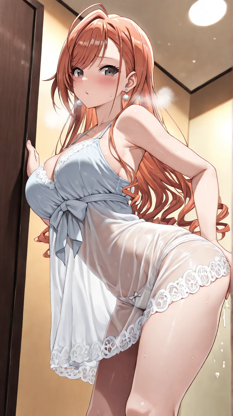 1girl, elegant erotic beautiful girl, big breasts, ((brown hair)), maxi dress, adultery, indecent, vulgar, Nakano Miku, intricate details, delicate facial features, beautiful blue eyes, ulzzang, long eyelashes, small nose, full lips, porcelain skin, natural lighting, warm color palette, chiaroscuro lighting, dramatic shadows, sensual, alluring, mature themes, artistic, dreamlike, ethereal, ((arms behind back)), thigh highs, ((white panties)), sideboob, cleavage, looking at viewer, ulzzang, (blue eyes),