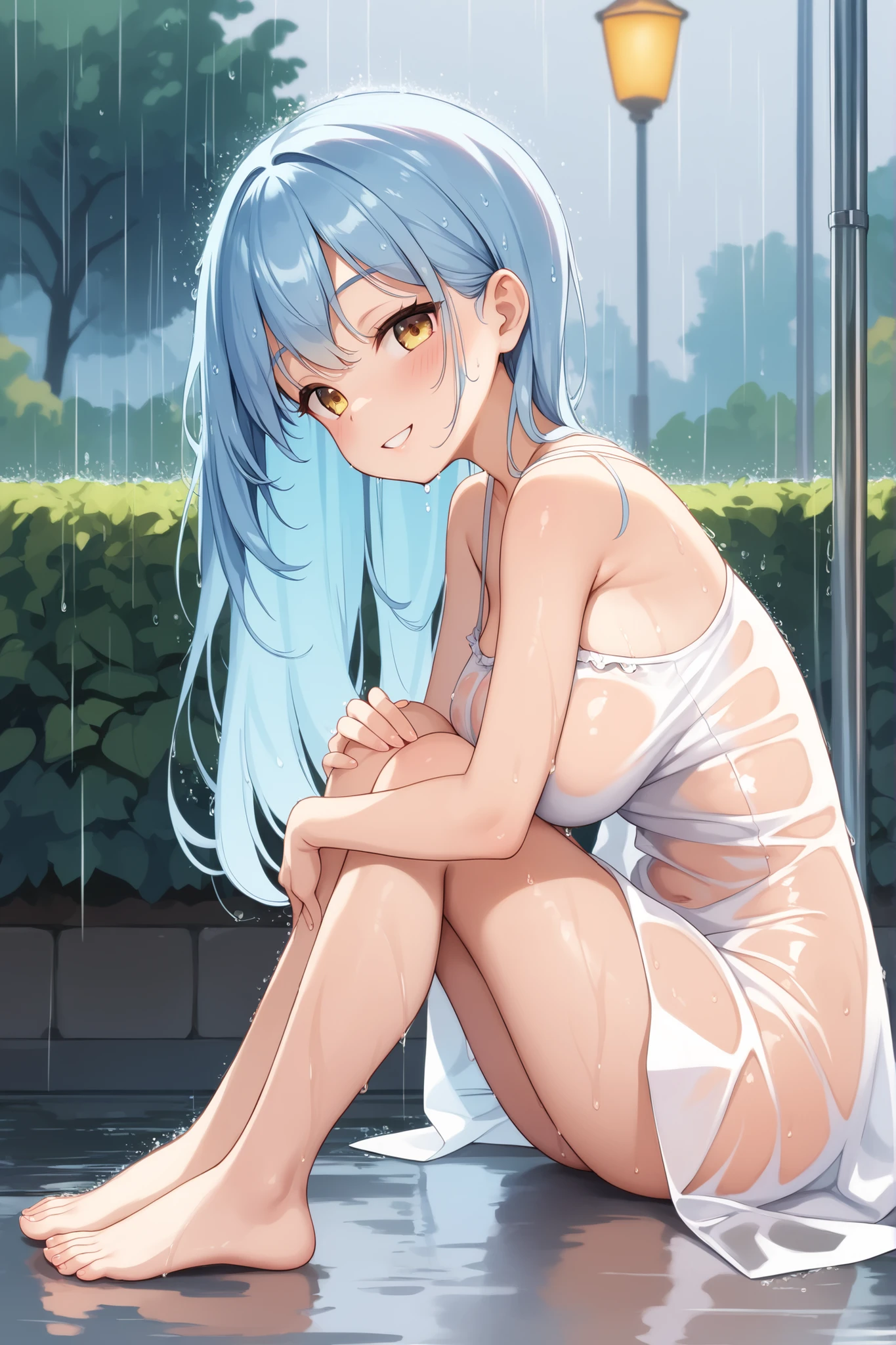 ((masterpiece, highest quality:1.2)),cowboy shot,1woman,20 year old beauty,solo,((very small head)),short hair,messy hair,light blue hair,blue eyes,blunt,((very long and slender body)),toned body,skinny,medium breasts,shiny skin,oily skin,blush,shy,tears,White leotard suit,High leg、white_thighhighs,White sneakers ,squatting,spread legs,on road,Big cities、Cyberpunk World、