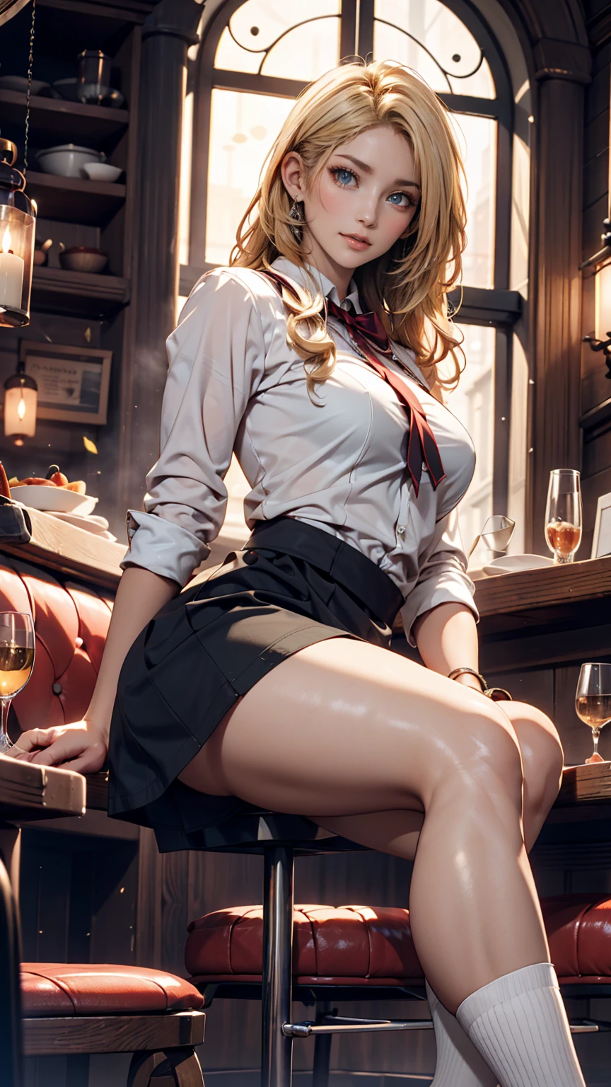 girl at a nightclub sitting at bar, eyeliner (masterpiece) (best quality) (detailed) (8k) (HDR) (wallpaper) (cinematic lighting) (sharp focus) (intricate) blonde hair, biting lip, medium hair, white and gold, sexy, blush, aroused, cleavage, shiny , wet skin, girl, dark makeup, action pose, jumping over bar, white shirt blazer and plaid skirt, (leaning against wall, foot against the wall, high heels)
