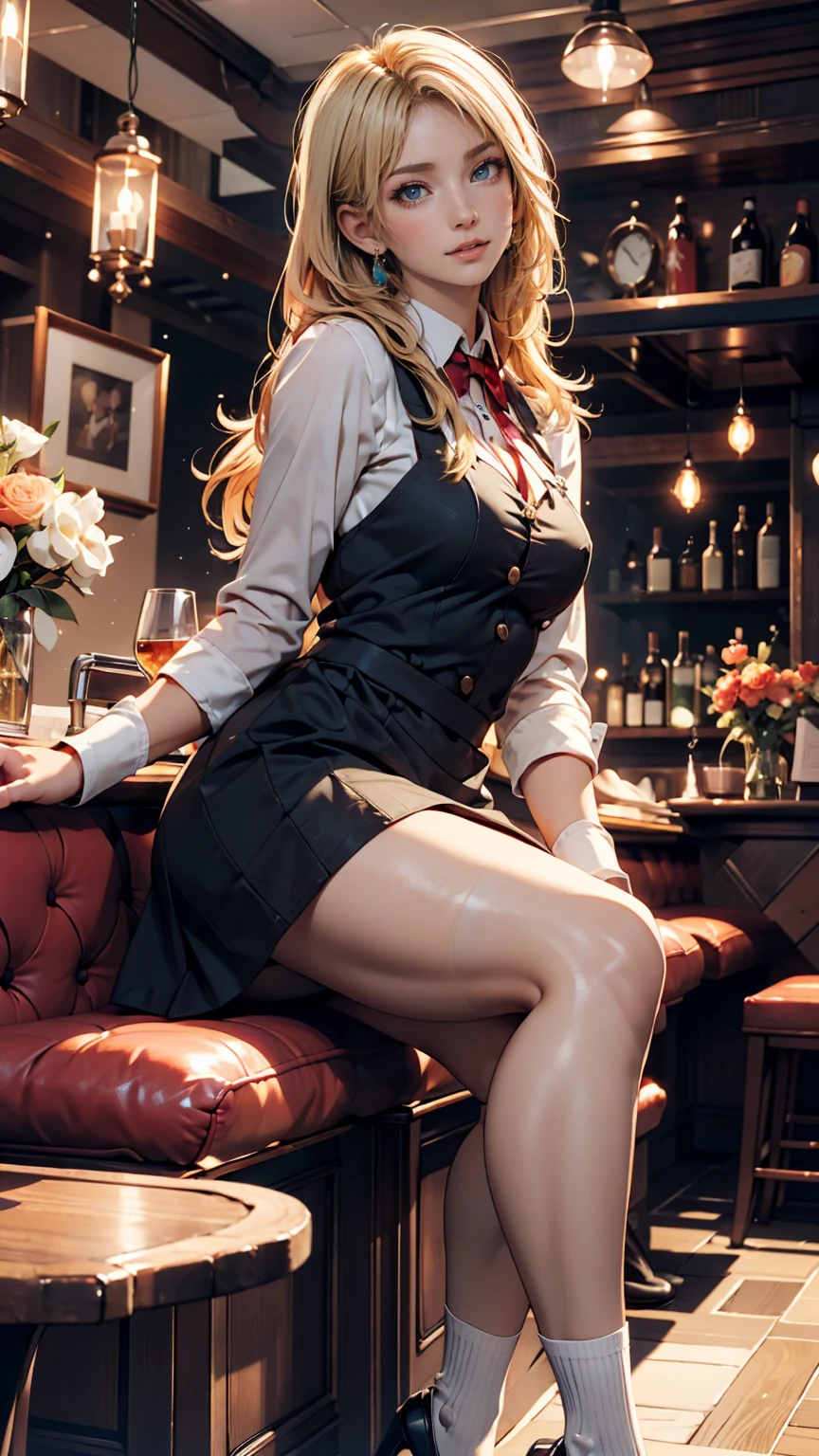 table top, highest quality, figure, super detailed, finely, High resolution, 8k wallpaper,short hair、 Perfect dynamic composition, beautiful and fine eyes, business suit,Natural color lip, smile、1 girl,Wearing black tights and stockings、plump thighs、shortcut