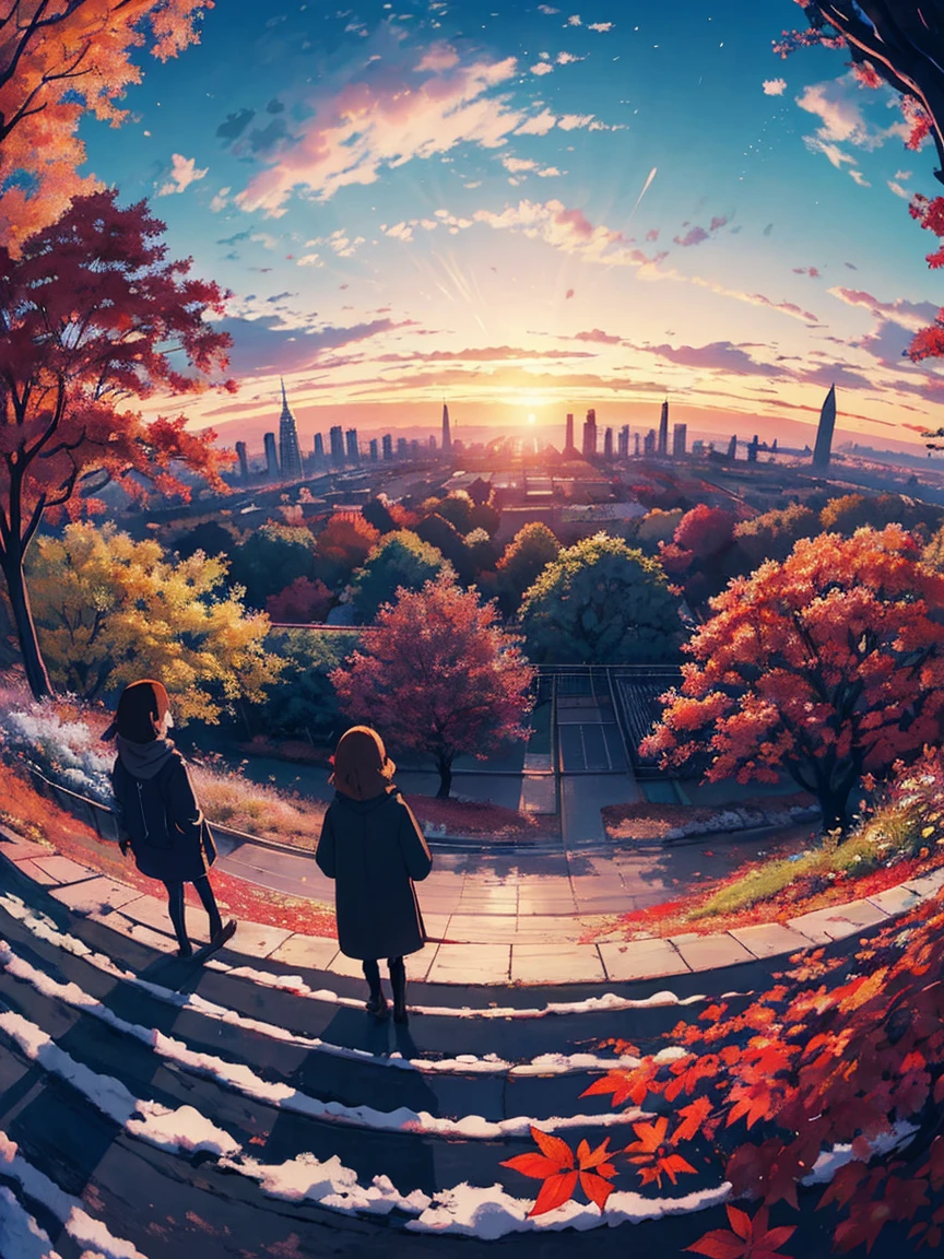   masterpiece， Top Quality ，     HD  ，(    super flat    ，   Flat Shading    )，     Fisheye   ，   teeth、 I can see the fall city from the park garden  ， autumn leaves，Snow Scene，Autumn sky，dusk，     Beautiful Sunset  ，Wide angle，   bright color，watercolor,    Ghibli style ，Strong winds，    girls on the left  'Lure，