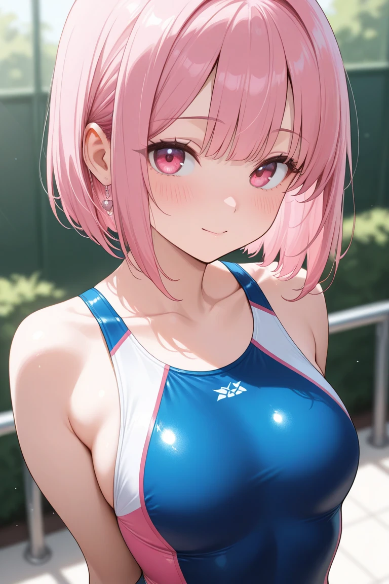 masterpiece、highest quality、Very detailed、Photograph the upper body、1 female、(Put your arms behind your back:1.2)、Are standing、Turn your body forward、View your viewers、(Rhythmic Gymnastics、Blue leotard)、Holding nothing in hands、blush、shy、Pink Hair、Open your mouth、Indoor sports ground、Big Breasts、