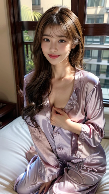 a close up of a woman in a pink robe sitting on a bed, gorgeous chinese model, wearing a luxurious silk robe, wearing fuchsia silk robe, wearing dark silk robe, in a silk robe, korean girl, beautiful silky dress, gorgeous young korean woman, gorgeous lady, beautiful south korean woman, wearing silver silk robe, satin, silk robes, sexy girl