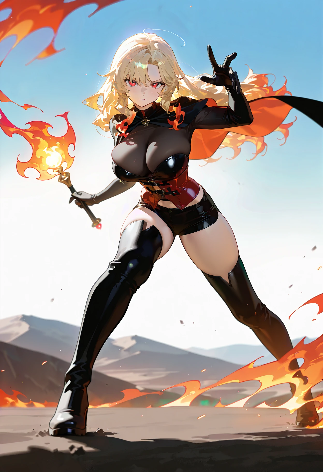 (illustration of a beautiful girl:1.3), high angle, ((detailed face and eyes)), young anime girl hero, ben 10, Gwendolin Tennyson, low light, orange eyebrows, (fighting stance), skinny, (light ((flaming hair)), fire hair, green eyes), very short hair, good lighting, (city in flames background), detailed and beautiful eyes, detailed face, ((supervillain)), nipples, sexy black outfit, thigh highs, military boots, ((cape)), googles, (skin indentation), detailed shadows, city in the background, pale white skin, (pink glowing eyes), small breasts, full body, (wide hips), pink lipstick, gloves, detailed muscles, fighting, combat, bruce lee pose, spikes, flaming fists, fireball, shiny skin, photorealism, volumetric lighting, fire amulet
