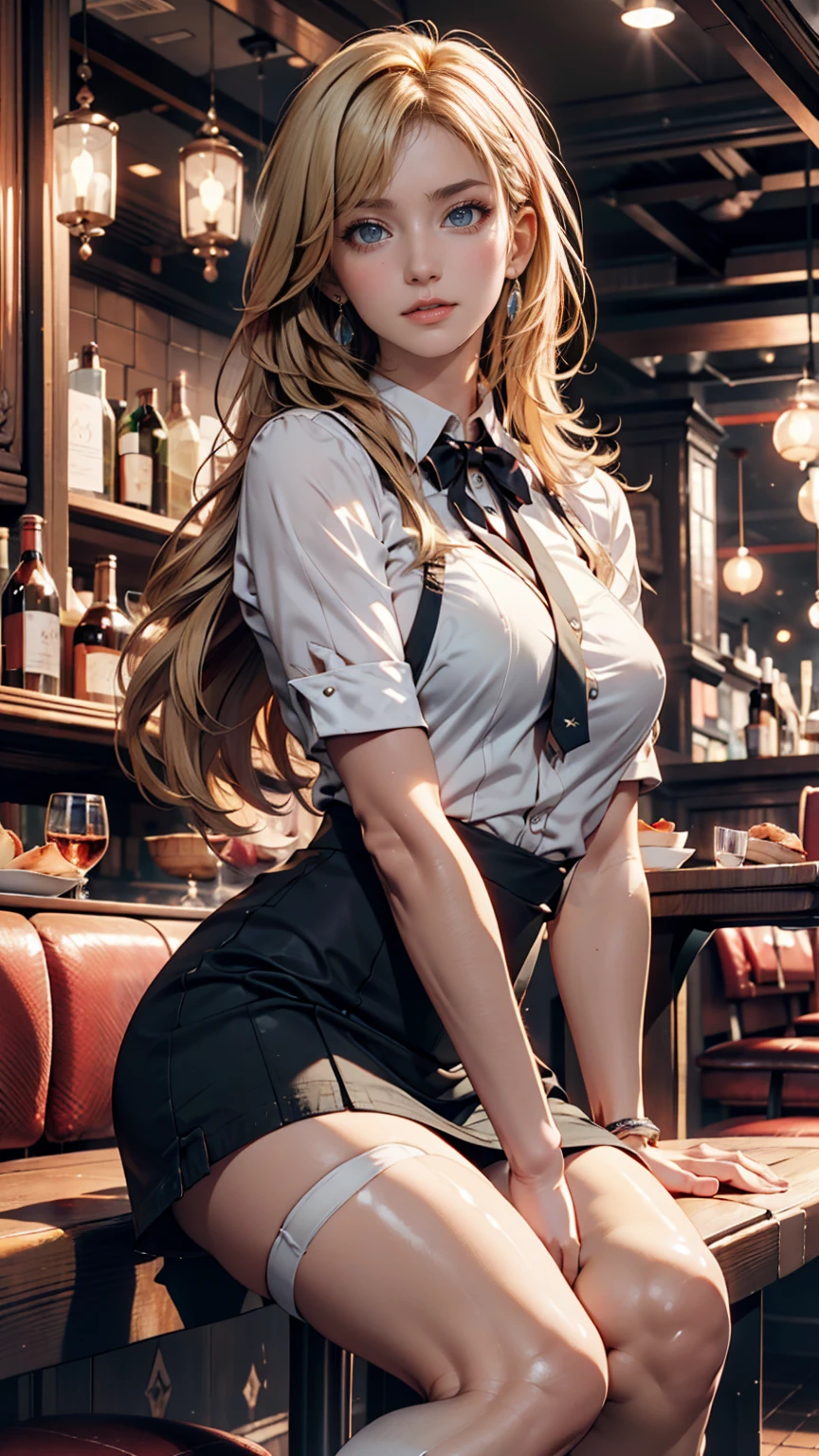 ((best quality)), ((masterpiece)), (detailed), perfect cute face(covered in cum), 20 years old Chinese girl, yellow wavy hair, blue eyes, wearing glasses, cum covered face, ultra huge tits, perfect slim body (cum covered), wearing office clothes with top button open, wearing belted mini skirt, standing in supermarket, holding fruit, smiling.
