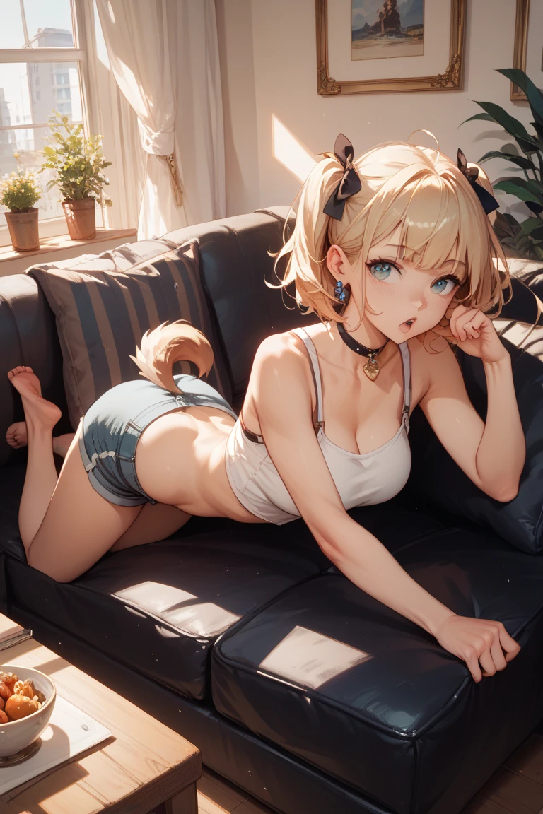 (masterpiece, highest quality, ultra high res, ultra detailed:1.3), 1 cute girl, ideal ratio body proportions, blonde short hair, pink tube top, black pleated mini skirt, (white panties, squatting, open legs:1.3), angly look, cameltoe, clothes covered nipples, armpit, in her room, midriff peek, (bare feet, bare stomach:1.4), from below,