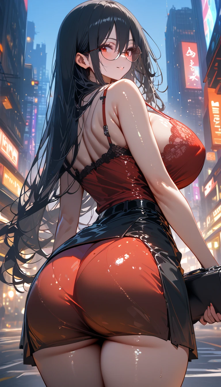 junkotvv a woman wearing a long open red coat, wearing a black bikini, big breast, sunglasses on her head, smiling, long black stockings, long black hair, red eyes, full body, in a traditional racetrack next to a red racing car, holding a racing flag, perfect racing car with no bad detail, car next to the woman, night location, with lighting in place,(woman solo), HDR, ultra resolution, sharp, masterpiece, 8K HD