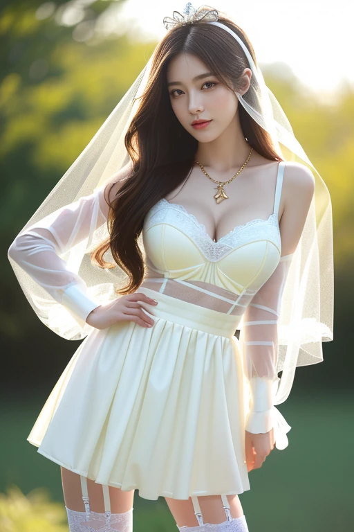 (8k, RAW photo, best quality, masterpiece:1.2), (realistic, photo-realistic:1.37), ultra highres, depth of field, chromatic aberration, caustics, Broad lighting, natural shading,Fujifilm XT3,masterpiece,ultra detailed,wedding dress,1girl, breasts, solo, thighhighs, medium breasts, looking at viewer, blush, nipples, smile, jewelry, white thighhighs, hair ornament, navel, necklace, collarbone, bare shoulders, bridal gauntlets, gloves, cleavage, elbow gloves, thighs, full body, outdoors, walking on a street, <lora:wedding:0.7>, wedding dress, small hip, long legs, slender waist, (skinny legs), smiling, (sexually suggestive)