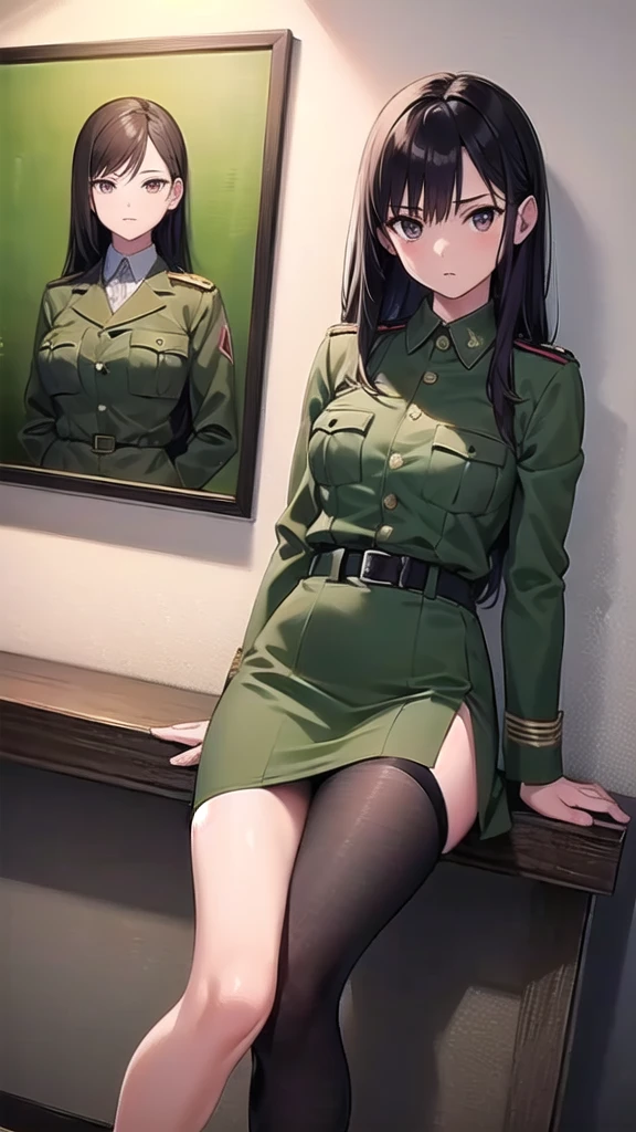 toddler,black hair,nipple,(military uniform:1.5)、Show your chest、spreading one's vagina,blush、Embarrassed face、A beautiful hotel room、On all fours、Anime illustrations、Officer's uniform、A beautiful medal