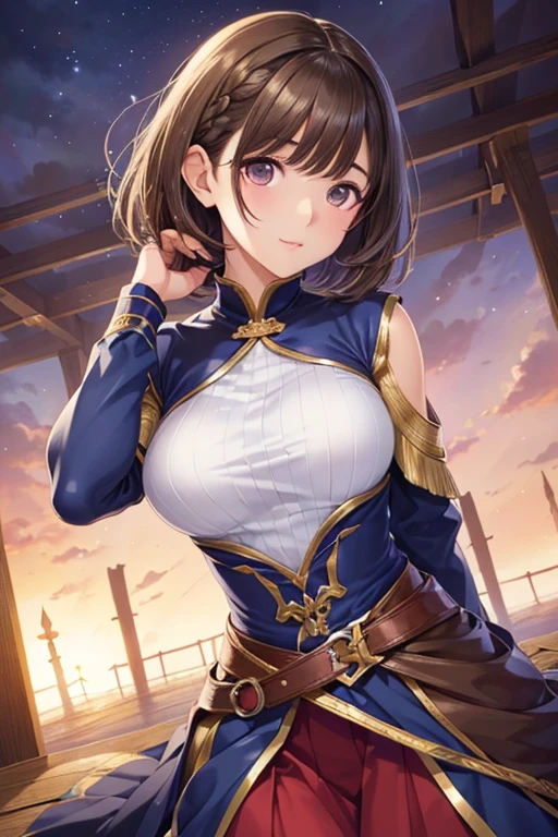 Defined female body, thick thighs, cybernetic body parts / Samurai cyborg / Girl / Blue, black and gold armor and Japanese dragon details Features / Skin: Bard / Hair: dark brown, straight and curly at the ends / Eyes: dark brown and light blue and gold / Freckles: all over her face / Her eyelashes are like snow full of flakes / Appearance: beautiful / Ice earrings / Pink lips / Tied hair/Scar: on the hand, on the arm and on the back and in the groin and also in the mouth/Seriously/altura : 1,70/Name: Emily/age:18/