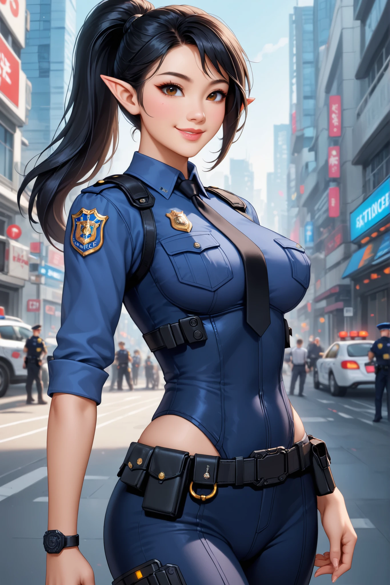 masterpiece),(best quality),(ultra-detailed), (beautiful detailed face),ultra detailed 8k cg, police, police uniform, handcuffs, large breasts, breasts out, sexy, looking at viewer,<lora:add_detail:0.6>,