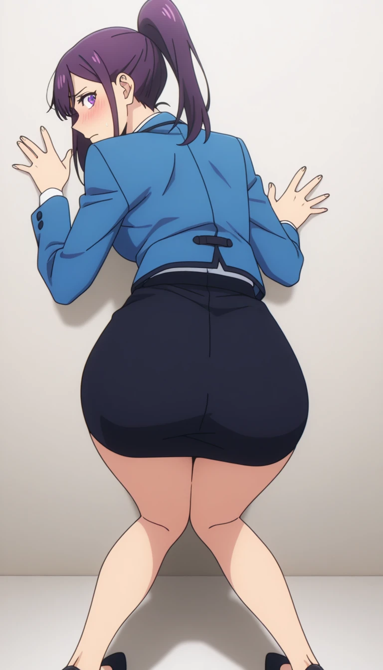 masutepiece, Best Quality, Very detailed_nffsw_Unity_8K_ Wallpaper, Very detailed _ Eyes, Evangelion: 3.0 you can \ (Not \) redo, girl, Solo, Misato Katsuragi, Brown eyes, Indigo hair, Big breasts, Cross Necklace, Red jacket, Mature Woman, Older, Solo, (Curve:1.1), looking down to viewer, Smile on his face, ((From below:1.5)) Looks Back, ((Leaning forward)), seen from back, , lip stick, makeup, Ultra Detail Hair, ultra detail face, (Purple eyes:1.05), Perfect eyes, Perfect face, earrings, (Confused, blush:1.2), , (black thighhighs, Garter Belt:1.1), zettai ryouiki, , high-heels, (Large breasts:1.1), cleavage, Big ass, thighs thighs thighs thighs, Show panties, ((From the hem of the rolled up skirt to the crotch))