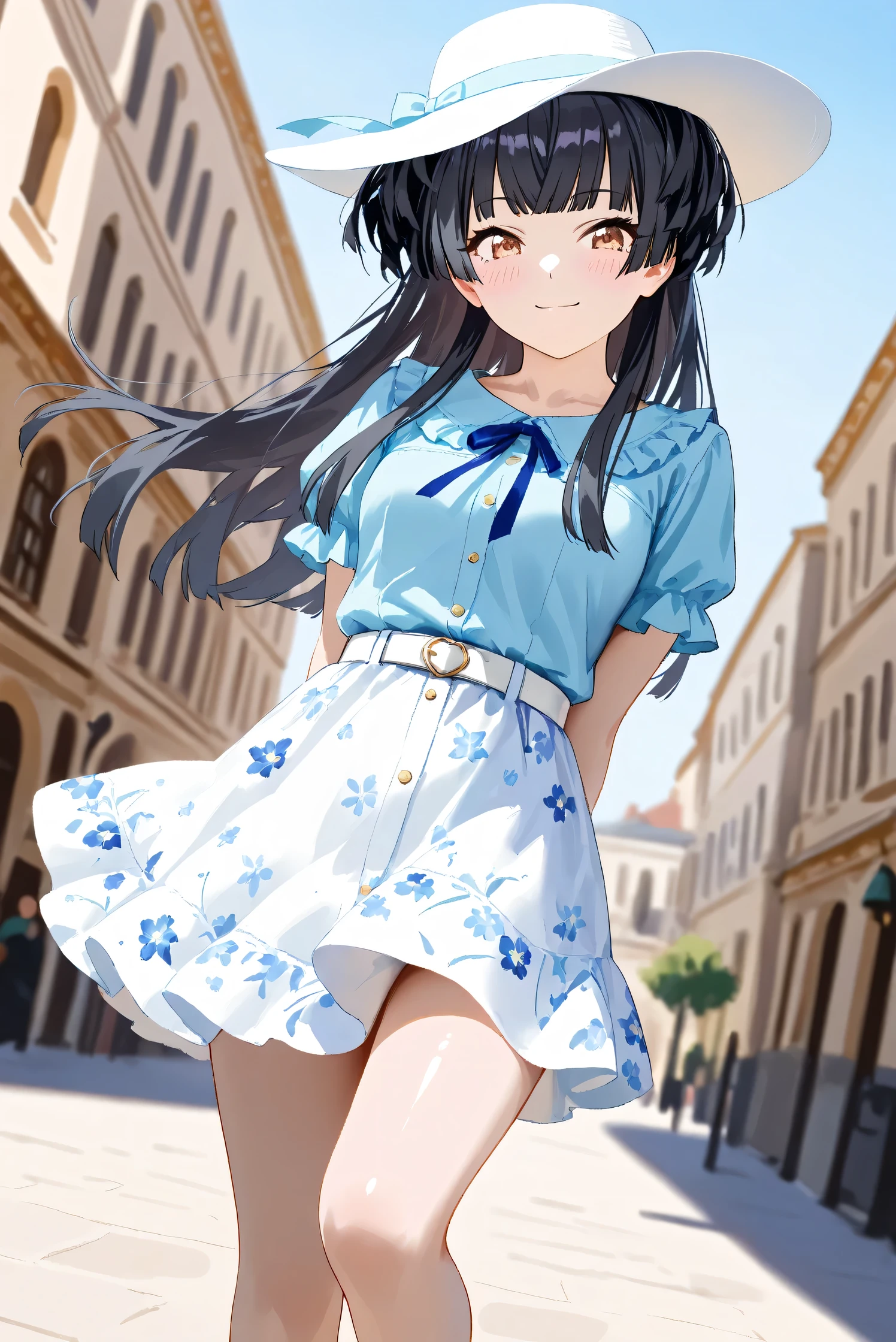 (Masterpiece), (Highest quality), (Very detailed),
(The best shape), (Best Shadow), (Absurd),
(Detailed background), (So beautiful), Shiny ,
Extraordinary, Countershading, 8k, 32K, High resolution, Beautiful eyes in every detail,
Very Detailed CG, UHD,
Score_9, Score_8_up, Score_7_up, Source_anime,
(Pastel painting:1.2), (Watercolor painting:1.2),
(Masterpiece, Detailed:1.2), (Foreshortening:1.2),
Cinematic, Dramatic, (Depth of field:1.4),
(Blurry background:1.4), (Realistic background:1.4),
(Foreshortening:1.3),Dynamic angle, 1 girl,
Venice, Venice Building, Outdoor, Nature, Blue sky,
Mayuzumi Fuyuko,
The idolmaster shiny colors,
mayuzumi_fuyuko, 1girl, black hair, two side up, brown eyes, small breasts,
(Casual wear:1.3),
Light blue shirt, Short sleeves shirt, Frills
ribbon, Blue ribbon,
Skirt, White skirt, Floral print skirt, Belt, White belt,
Wide Brim Hat, (White hat:1.2), Blue ribbon,
full body, Focus on face,
(Blush:1.3), Happy, smile, arms behind back,
Realistic skin, Shiny skin,