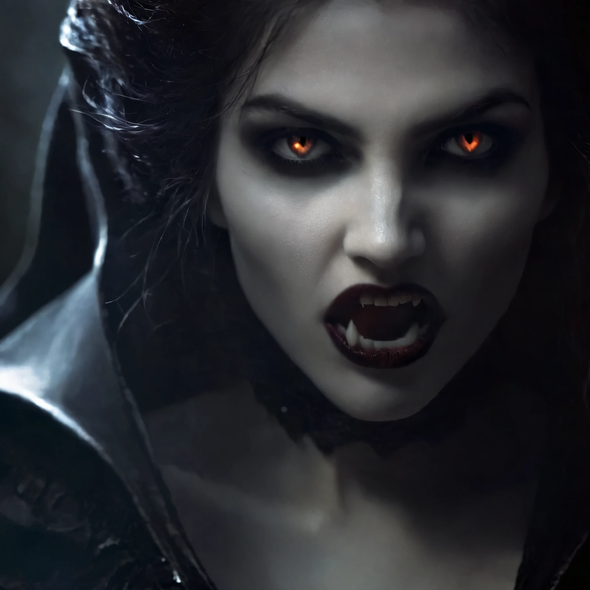Dark Fantasy Art of Diffused Light fill light
 a vampire woman with vampire's fangs teeth with a creepy face and a creepy hair vampire style
 dark, moody, dark fantasy style