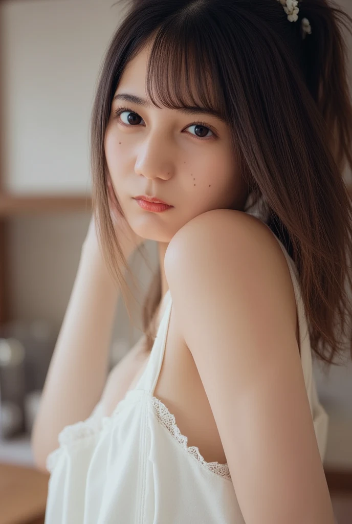 Professional Lighting,(Photorealistic), 8k, Raw photo, (highest quality)、Realistic、8k UHD、High resolution, Super detailed、High quality textures、Intricate details、Highly detailed CG、Beautiful and delicate face, Beautiful and delicate eyes, (Light in your eyes, Cute eyes), Beautiful girls, , beautiful girl, ((light makeup, Thin eyebrows, Thin eyebrows, Light on the cheeks)), Fair skin, delicate, White dress, (race), Gentle expression, Straight Hair, (bangs), High resolution画像, Natural pose,((Butt)), Natural light, (Bright sunlight, bright), Window, 16 years oldtiful girl), Thighs