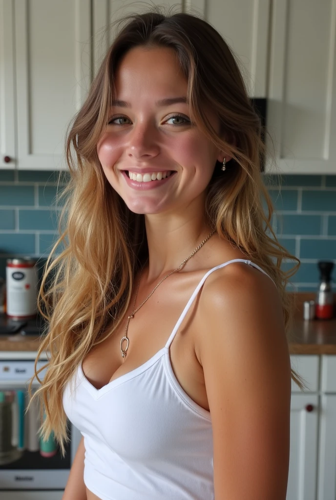 (debout de face) Une magnifique jeune fille de 21 ans avec une apparence innocente, corps entièrement nue, Elle a de longs cheveux blonds et ondulés qui descendent en cascade dans son dos, et de grands yeux bleus expressifs qui rayonnent de pureté et de curiosité. Sa peau est claire et lisse, Elle est assise, elle bois un café, créant une atmosphère rêveuse et paisible, Sa posture est douce et élégante, avec un léger sourire sur ses lèvres, reflétant sa nature innocente et gentille.