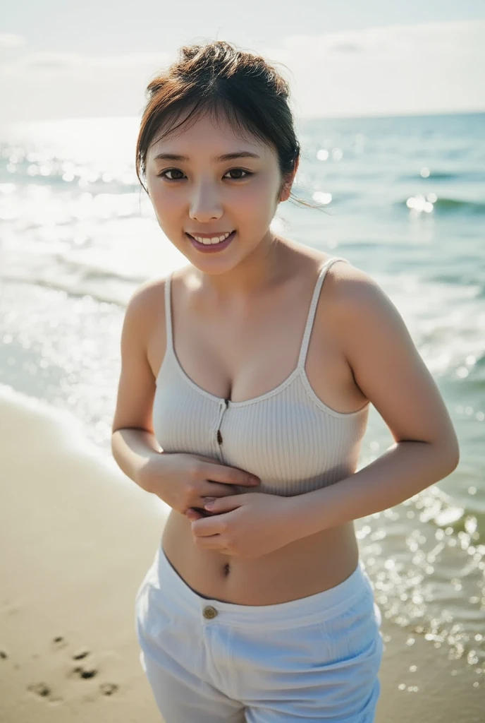 (highest quality:1.2),(perfect beautiful face:1.2),(perfect and beautiful posture:1.2),Female Bodybuilders,short ponytail hair, sweating all over, Wearing a tank top and bloomer pants, On a date on the beach in midsummer, smile, thick muscles,big breasts,close-up of armpit