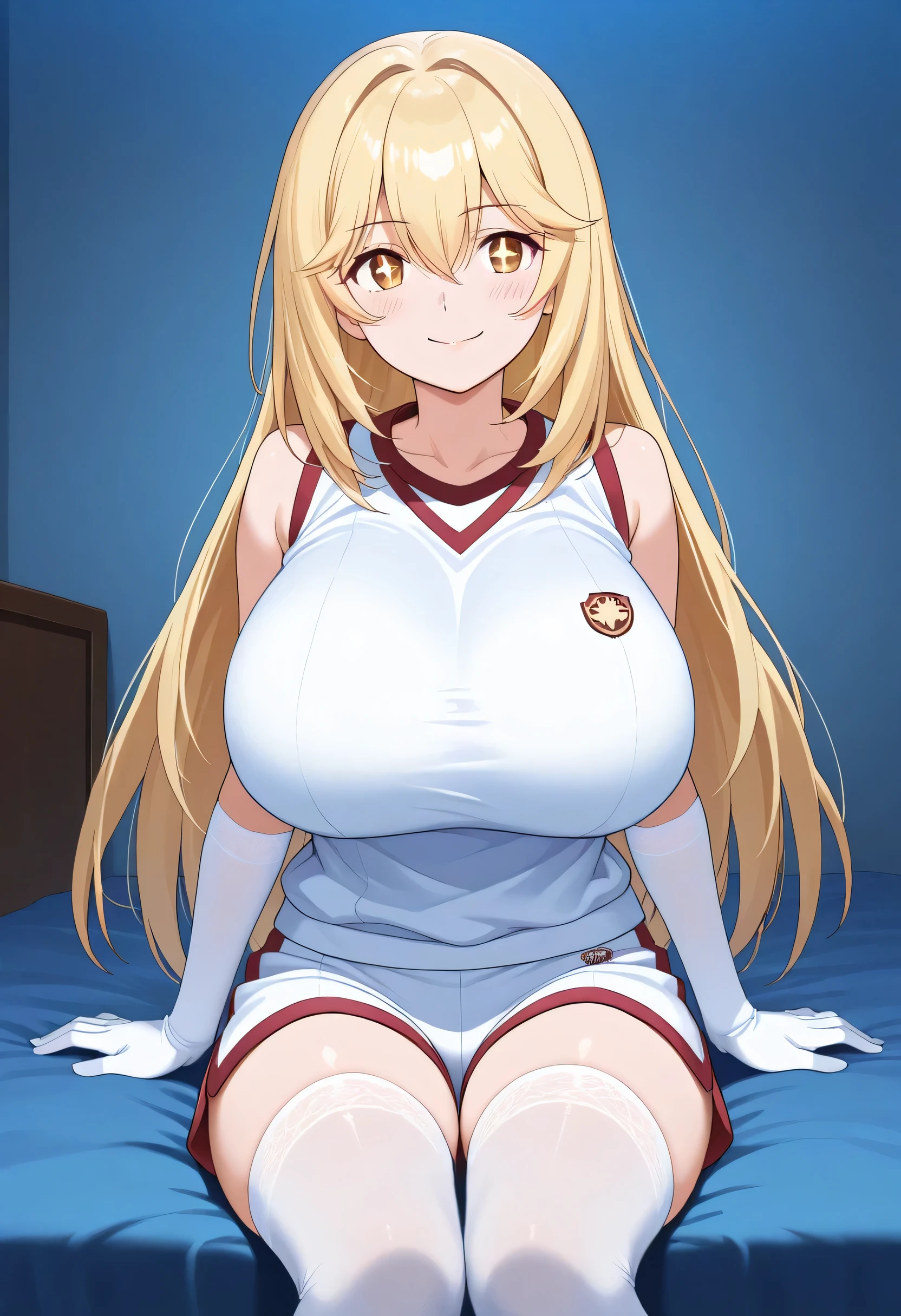1girl, solo, looking at_in_viewer, white_gloves, elbow_gloves, white_thigh high socks, Gym_uniform, white_shirt, smile, +_+, popup, too big chewy , hyper breasts, sleeveless_shirt, brown with swe_eye, Gym_shirt, very_length_hair, closed _mouth, Naked_shoulder, Gym_shorts, white_shorts, hair_between_eye, bedroom at night, sitting, Shine_eye, Young face, anime style