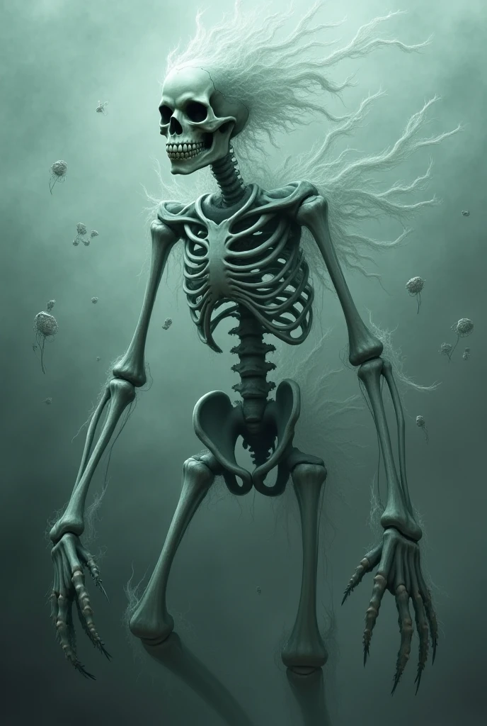 (Best image quality, 4K, 8K, high resolution, masterpiece: 1.2), Extremely detailed, Practical: 1.37, Head close-up(( A metal skeleton parasitized by a strange transparent jellyfish)), An altar made of abstract twisted tree roots,Pulling a very large (Mysterious skull made of metal), Glowing eyes, There's a creepy waterfall above the skull, (rainbow, rainbow around the skull), Energetic, The circular composition demonstrates the role of various structural forces, Solitary, (Steampunk decorative elements, gear, and other elements). pointer, Chain wonderful decoration combination,