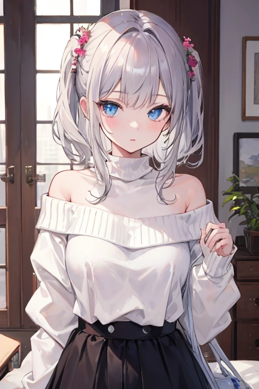 Silver Hair、Blue Eyes、girl、Small breasts、Twin tails、girl、Small breasts、Lolita、Bright smile、Looks about 15 years old、Petan Musume、short、目のhighlight、Sexy thighs、(length, High neck, Sleeveless sweater:1.3)、Your eyes are so beautiful、highlight