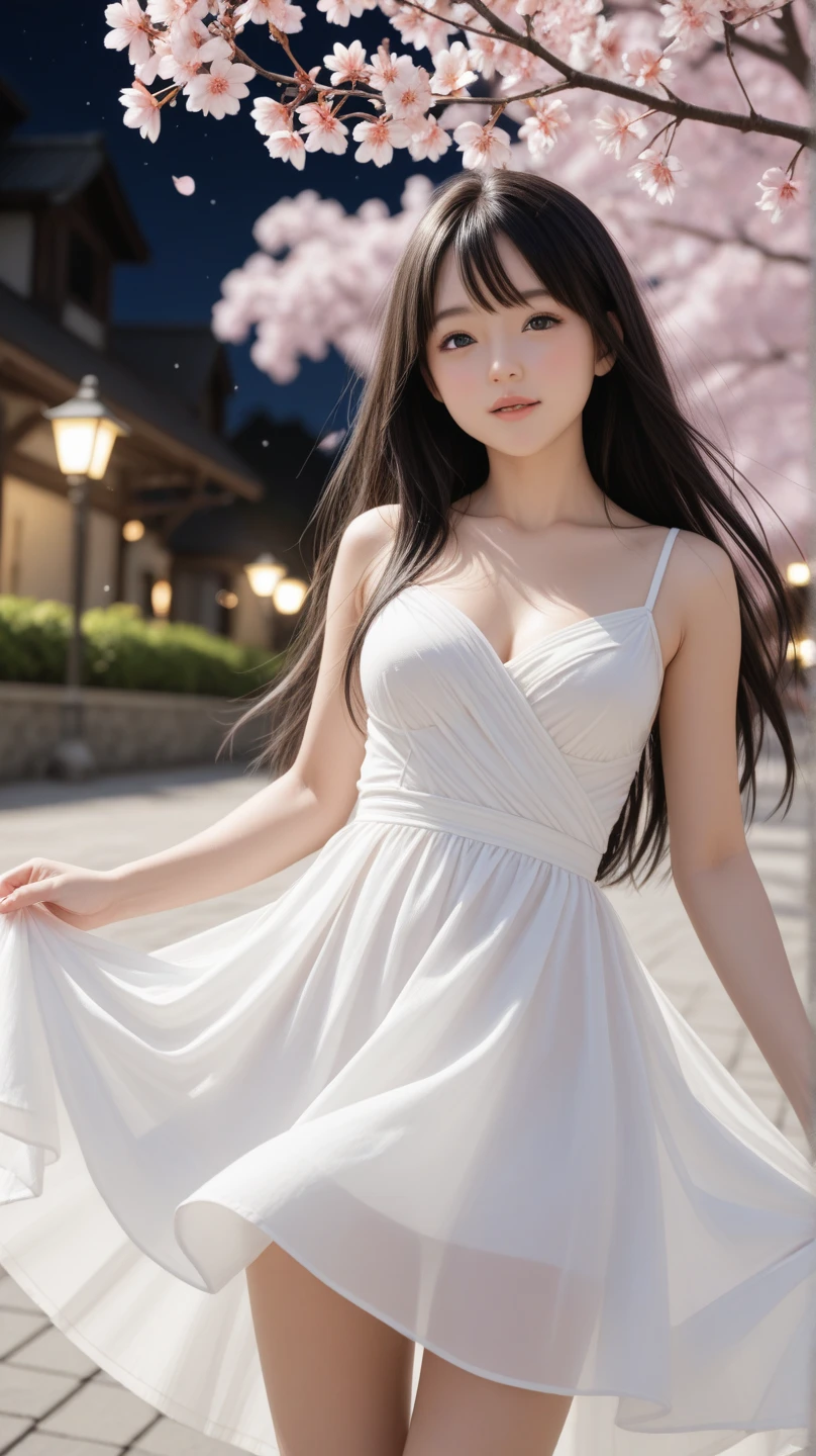 (logo、masterpiece、8K、table top、Raw photo、wonderful、最high quality、フォトリアリスティックでvery detailedな CG 統合 8k 壁紙、high quality、very detailed、narrative poem、particle effects、dynamic effects、Depth of the bounds written、cinematic light、Lens flare、ray tracing)、fantasy、 (1 beautiful woman、dress、dress、cherry blossom pattern、black haired、beautiful face、real face、beautiful details eyes beautiful skin)、髪がWindで踊る、Hair flutters in Wind、hair bounces、pink cherry tree、petals dance、SakuraFubuki、Spectacular view、sunrise、sun on background、Wind、