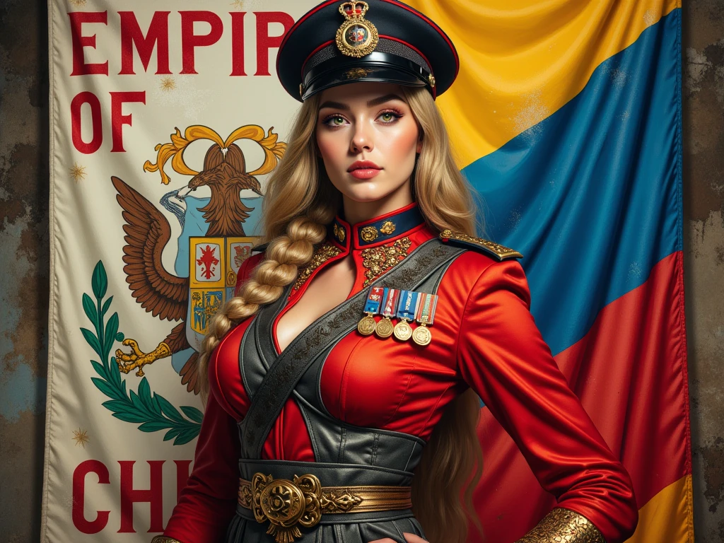 Detailed multi-colored proportions and textures with airbrushed brushstrokes presenting a semi-realistic illustration A beautiful and strong young woman wearing an epic fantasy gothic armor style military uniform where grayish black tones predominate, mixed with vivid colors (full body, with a confident and bold posture, playful gaze, bright golden yellow eyes, defined eyebrows, long eyelashes, perfect face, full lips, huge round , flat stomach, wide , slim waist, thick thighs), Her long straight blonde hair is tied in a (long) braid falling down her back. Her uniform consists of a red, gray and white shirt beautifully decorated with military orders, decorations and medals, a tight high-waisted knee-length pencil skirt and an officer's beret decorated with a military police badge. In the background, a cloth army banner with bold red letters reading "EMPIRE OF CHILE" An image in the style of the national flag of an empire, with a five-pointed star on a tri-colored background of red, blue, and white. The composition, halfway between vintage and Gothic-Romance, of the overall image is a clean, crisp, and high-quality masterpiece. very balanced saturation across very defined color palettes (Color with intense monochromatic shaded tones and brightness, red hue 25% + yellow 25% + blue 25% + biofluorescent 12.5% ​​​​​​+ transparencies 12.5%. Aesthetic fusion by (Fibonacci ratio. A realistic doll of a young military woman. of a young military woman (Includes a variety of pink skin and dark beige tones that give it contrast and brightness) type of character. Fluid texture that gives the sensation of movement to the leafy style that molds to the figure (her clothing with relief and folds gives volume and depth to the character). Haute couture photoshoot (high quality full body). Highly detailed and sharp soft focus, approaching perfection, Full HD 8K. High and low angles. by Coco Chanel, Gianni Versace, Alberto Vargas, Greg Rutkowsk fusion of artistic styles.