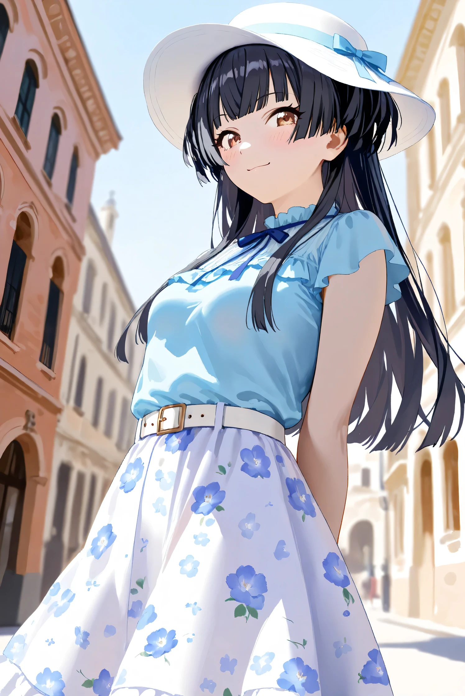 (Masterpiece), (Highest quality), (Very detailed), 
(The best shape), (Best Shadow), (Absurd), 
(Detailed background), (So beautiful), Shiny , 
Extraordinary, Countershading, 8k, 32K, High resolution, Beautiful eyes in every detail,
Very Detailed CG, UHD,

Score_9, Score_8_up, Score_7_up, Source_anime, 
(Pastel painting:1.2), (Watercolor painting:1.2),
(Masterpiece, Detailed:1.2), (Foreshortening:1.2),

Cinematic, Dramatic, (Depth of field:1.4),
(Blurry background:1.4), (Realistic background:1.4),
(Foreshortening:1.3),Dynamic angle, 1 girl,
Venice, Venice Building, Outdoor, Nature, Blue sky, 

From below,

Mayuzumi Fuyuko,
The idolmaster shiny colors,
mayuzumi_fuyuko, 1girl, black hair, two side up, brown eyes, small breasts,

(Casual wear:1.3),
Light blue shirt, Short sleeves shirt, Frills
Ribbon, Blue ribbon,
Skirt, White skirt, Floral print skirt, Belt, White belt,
Wide Brim Hat, (White hat:1.2), Blue ribbon,

portrait, Focus on face,
(Blush:1.3), Happy, smile, arms behind back,
Realistic skin, Shiny skin,
