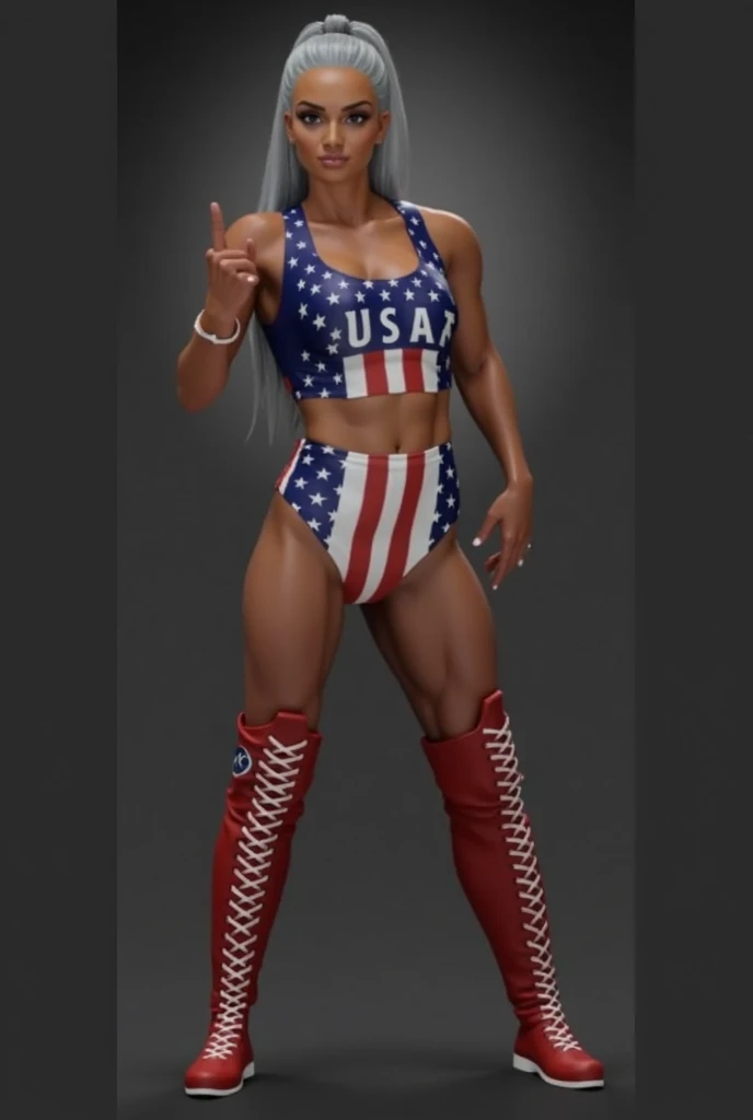 ((masterpiece, best quality)), Early-30's Buff Black female wrestler, in American gladiators style red white and blue leotard, white wristbands, red white and blue knee-pads, wearing lipstick, photo realistic, intricate details