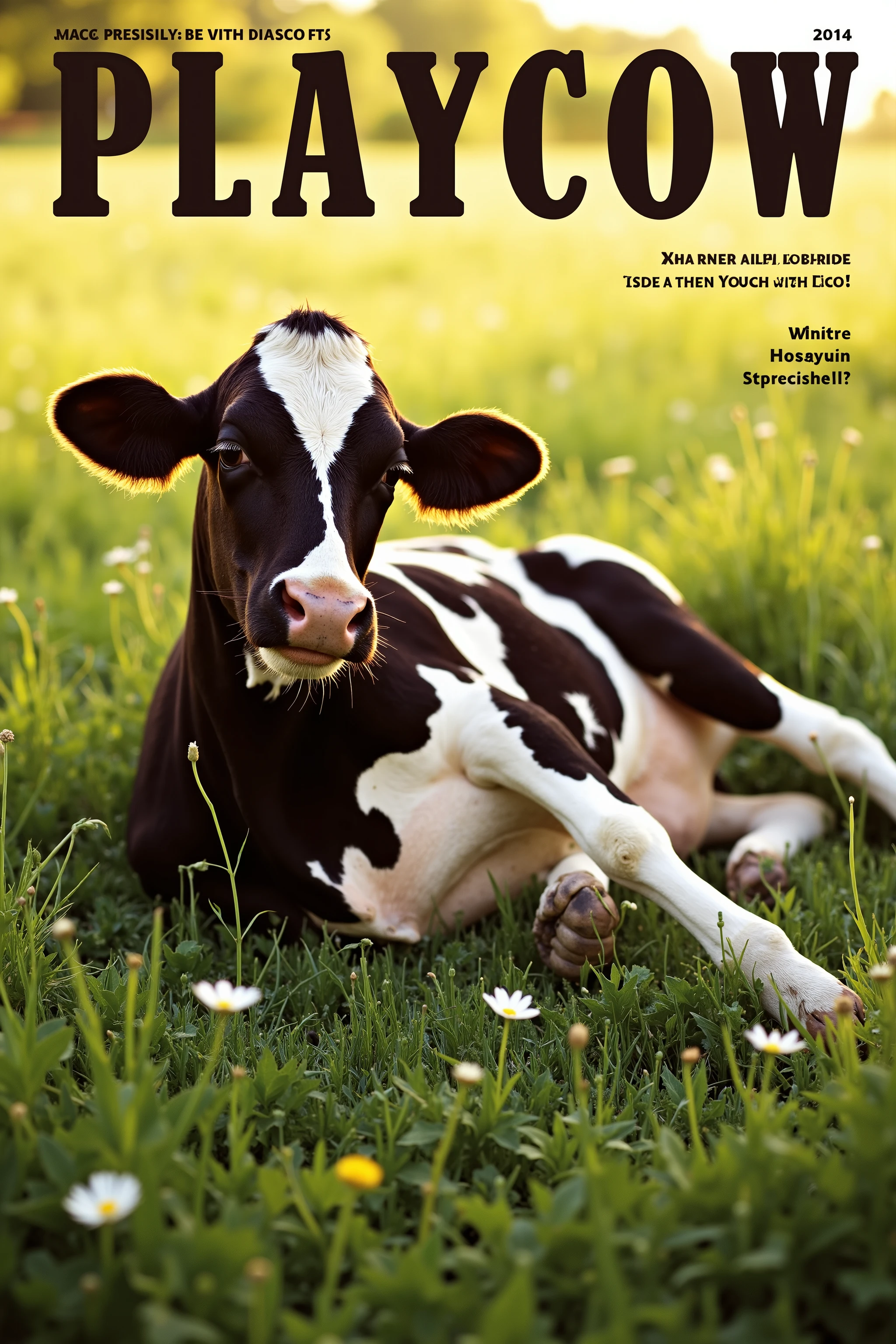 A high-quality, satirical image styled like a parody of a classic Playboy magazine cover, but with a comedic twist. At the center of the cover, in a lush green field under soft golden light, a Holstein Friesian cow is lying on its side in a comically seductive pose, gazing directly at the camera with a flirtatious expression.
The cow's black-and-white coat is glossy and well-groomed, and one front leg is bent slightly as if posing for a glamour shot. Around it, the grass is perfectly manicured, with daisies and clover adding charm to the setting.
At the top of the image, in bold, elegant font, the magazine title reads: “PLAYCOW.” Additional spoof cover lines could be added, like:
“Milk & Mischief: Inside the Barn with Bessie”
“Utterly Irresistible: The Cream of the Crop”
The overall tone is a loving parody—both glamorous and absurd, mimicking classic magazine photography while embracing the ridiculousness of a bovine bombshell.