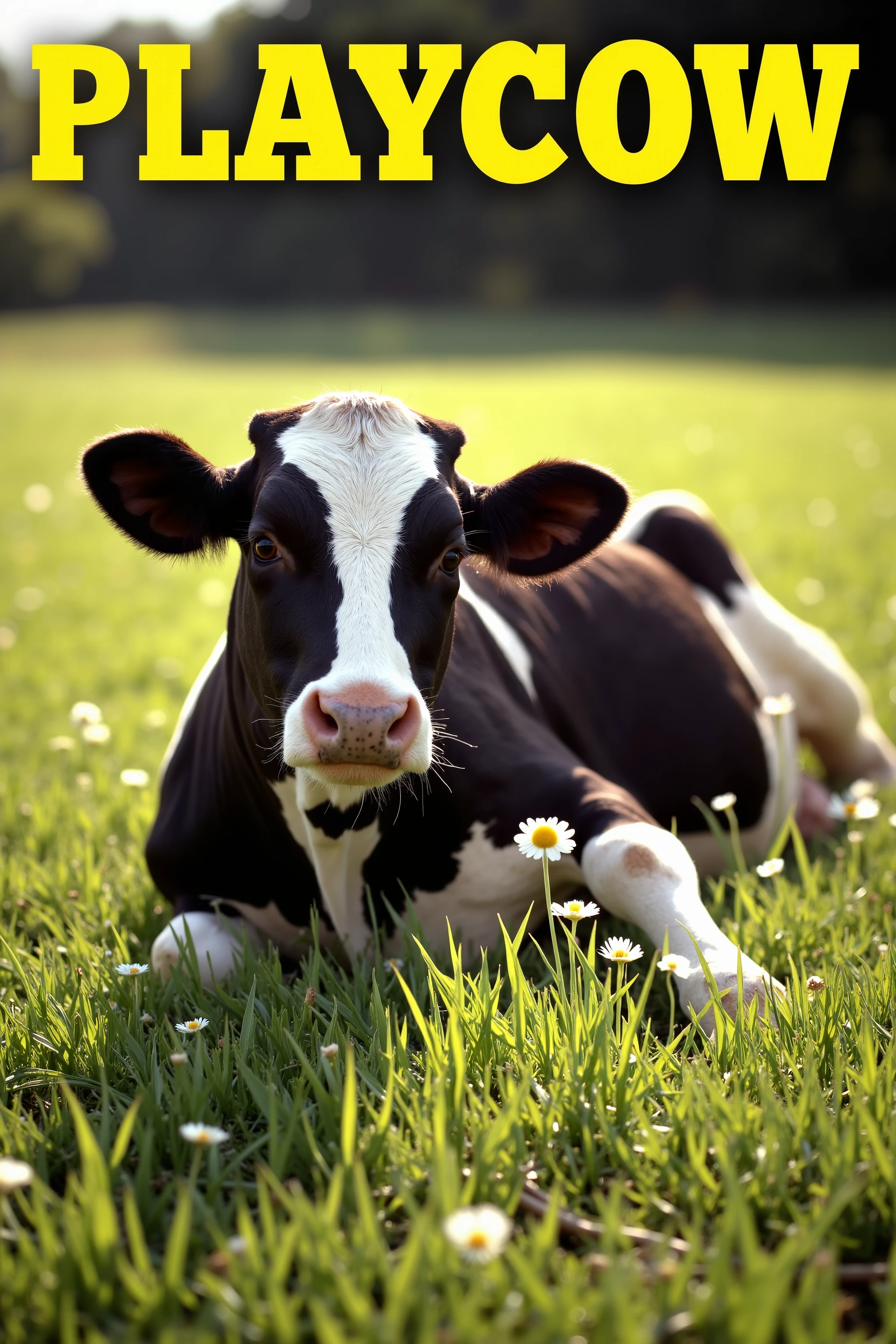 A high-quality, satirical image styled like a parody of a classic Playboy magazine cover, but with a comedic twist. At the center of the cover, in a lush green field under soft golden light, a Holstein Friesian cow is lying on its side in a comically seductive pose, gazing directly at the camera with a flirtatious expression.

The cow's black-and-white coat is glossy and well-groomed, and one front leg is bent slightly as if posing for a glamour shot. Around it, the grass is perfectly manicured, with daisies and clover adding charm to the setting.

At the top of the image, in bold, elegant font, the magazine title reads: “PLAYCOW.” Additional spoof cover lines could be added, like:

“Milk & Mischief: Inside the Barn with Bessie”

“Utterly Irresistible: The Cream of the Crop”

The overall tone is a loving parody—both glamorous and absurd, mimicking classic magazine photography while embracing the ridiculousness of a bovine bombshell.